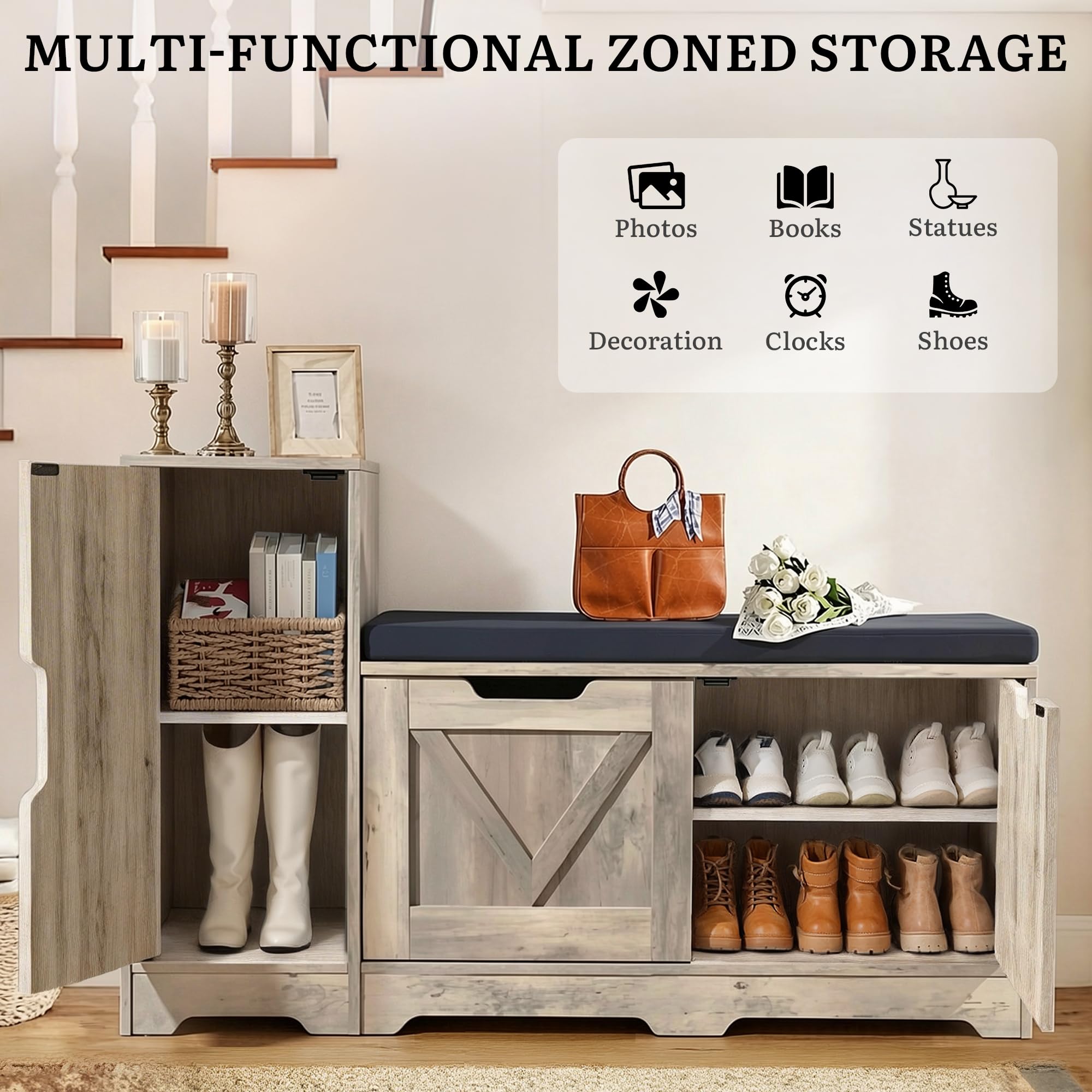 YITAHOME Banc à Chaussures, Meuble Chaussure Banc avec Siège Rembourré et Coussin, Double Porte Ouverte Rangement Chaussure avec Armoires Latérales, Meuble d'Entrée, 105 x 37 x 65.5cm, Gris
