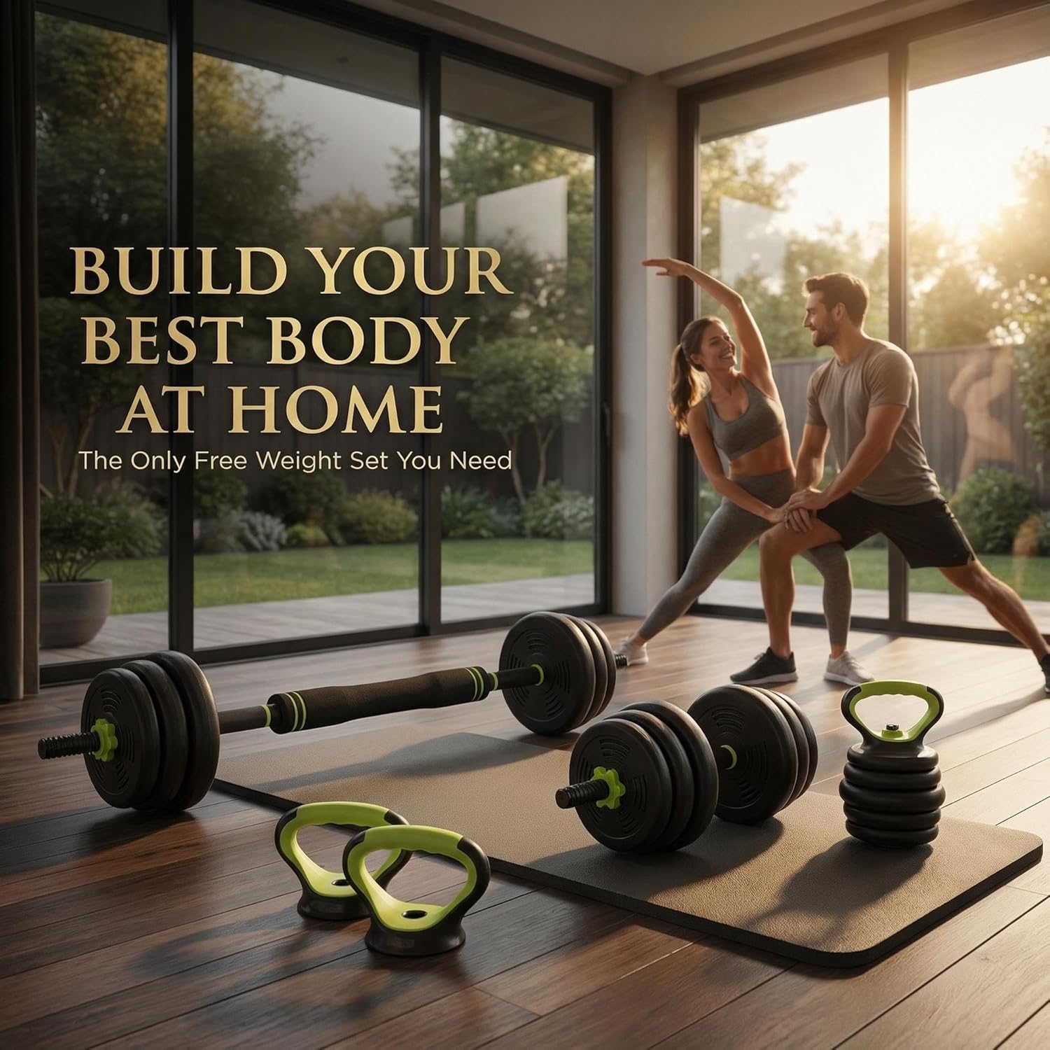 Adjustable Dumbbell Set 44LB, 4-in-1 Free Weight Set with Barbell & Kettlebell & Push-Up Handles, Compact All-in-One Home Gym for Men & Women, Anti-Slip Grip, Quiet Rubber-Coated Plates
