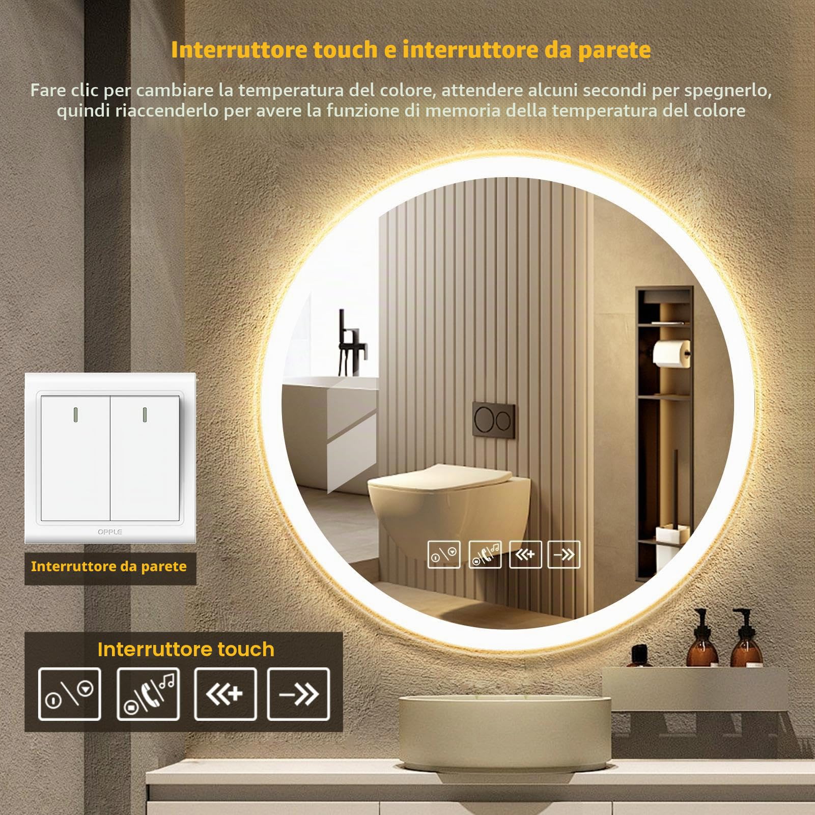 Specchio Bagno con Luce, Rotondo 60cm con Luce Regolabile, Bluetooth, Antiappannamento, Vetro Temperato HD – Funzione Memoria e Riproduzione Musicale