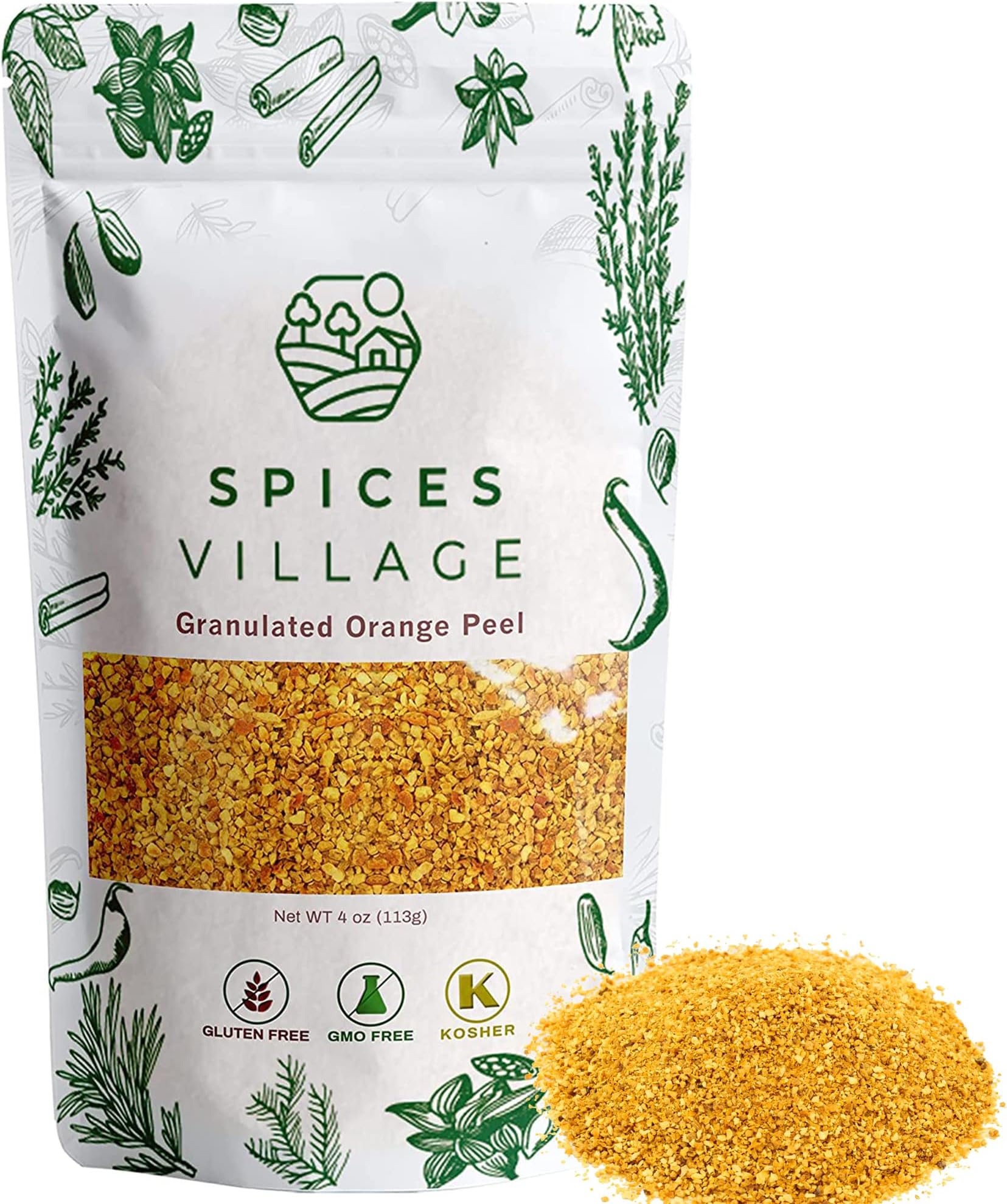 SPICES VILLAGE Orange Peel Granules, Dehydrated Orange Peel, 4 oz, Dried Zest, Dry Citrus Fruit Rind for Baking Cooking and Tea, Kosher, Gluten Free, Vegan, Non GMO, Resealable Bulk Bag
