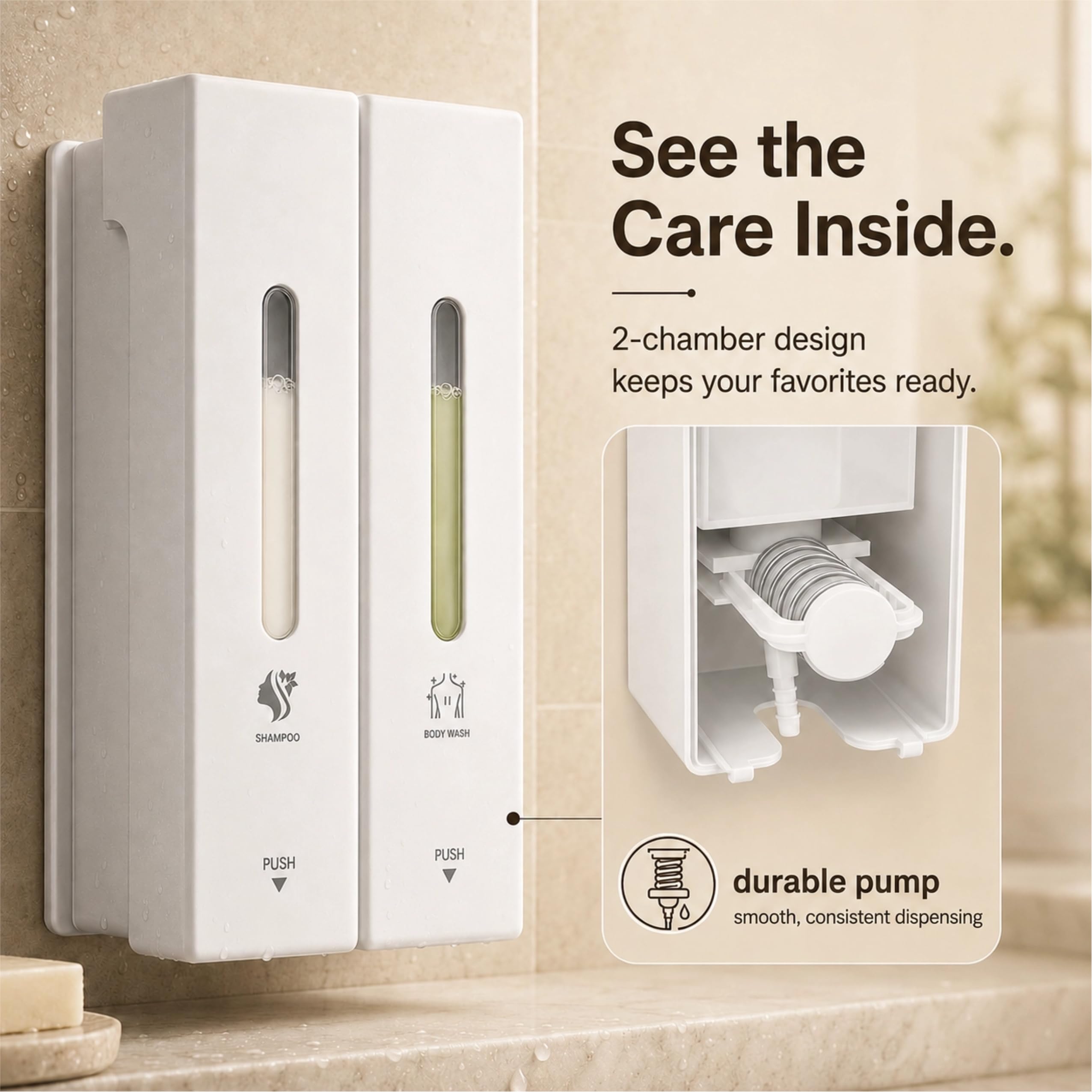 Dispensador Jabón Baño Pared Sin Taladro, Dosificador Gel Ducha y Champú 400/800/1200 ML con Botón Ancho, Plástico ABS Antioxidante (Botón Grande-Nuevo Blanco Mate 2 Compartimentos)