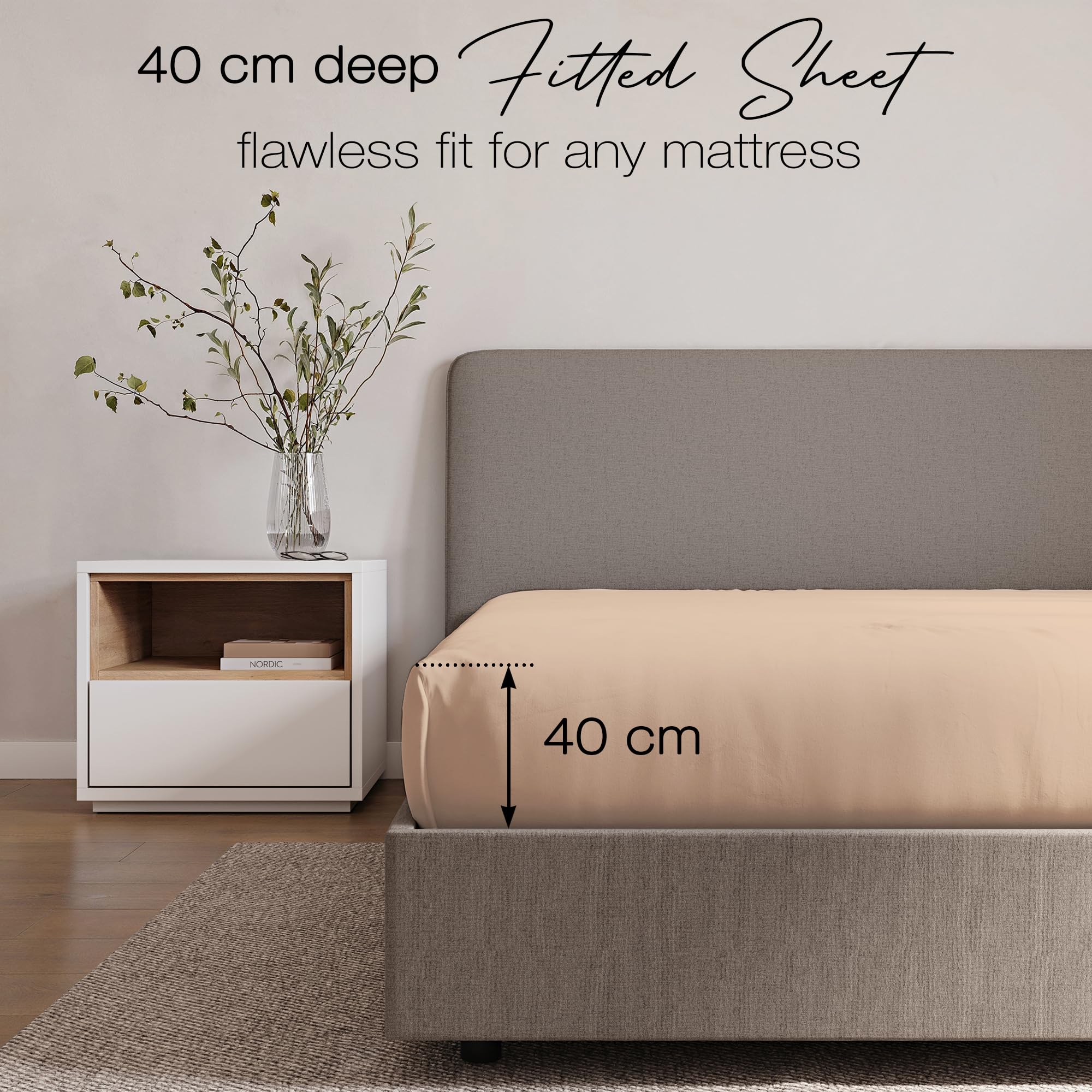 Ensemble de Draps 4 Pièces 180x190/200, draps de lit en Microfibre de Polyester brossée. Drap Plat, Drap-Housse Ajustable et 2 taies d'oreiller. Couleur Beige