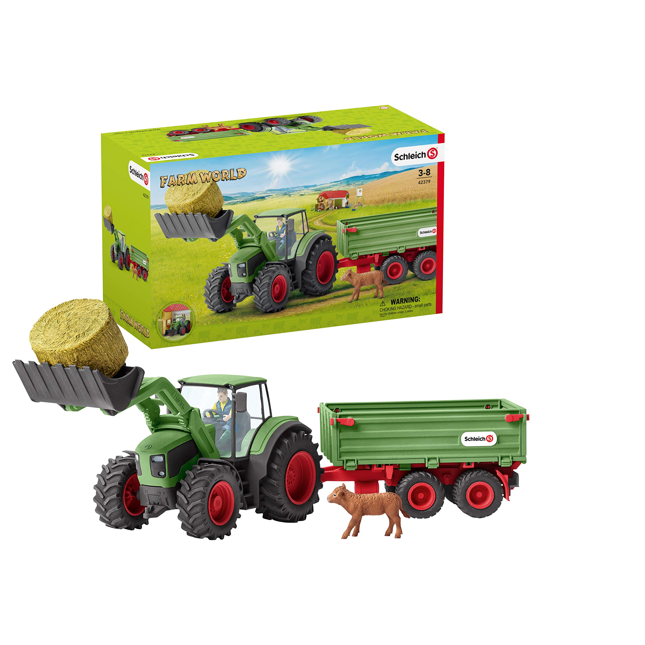 SchleichFarm World, Farm Toys for Boys and Girls Ages 3-8, 8-Piece Playset, Tractor with Trailer