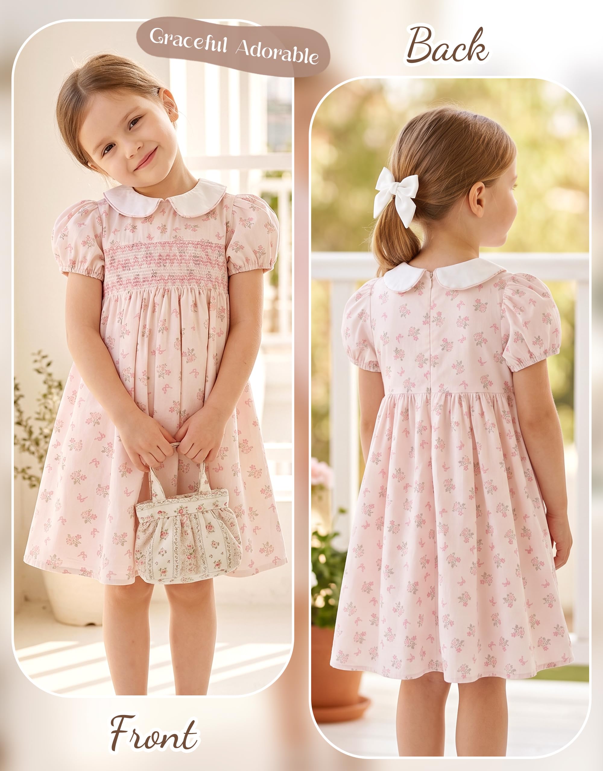 Miipat Robe à Fleurs Smockée Coton pour Petite Filles, Élégante Vintage Décontractée à Manches Bouffantes Princesse Été Robes Enfant
