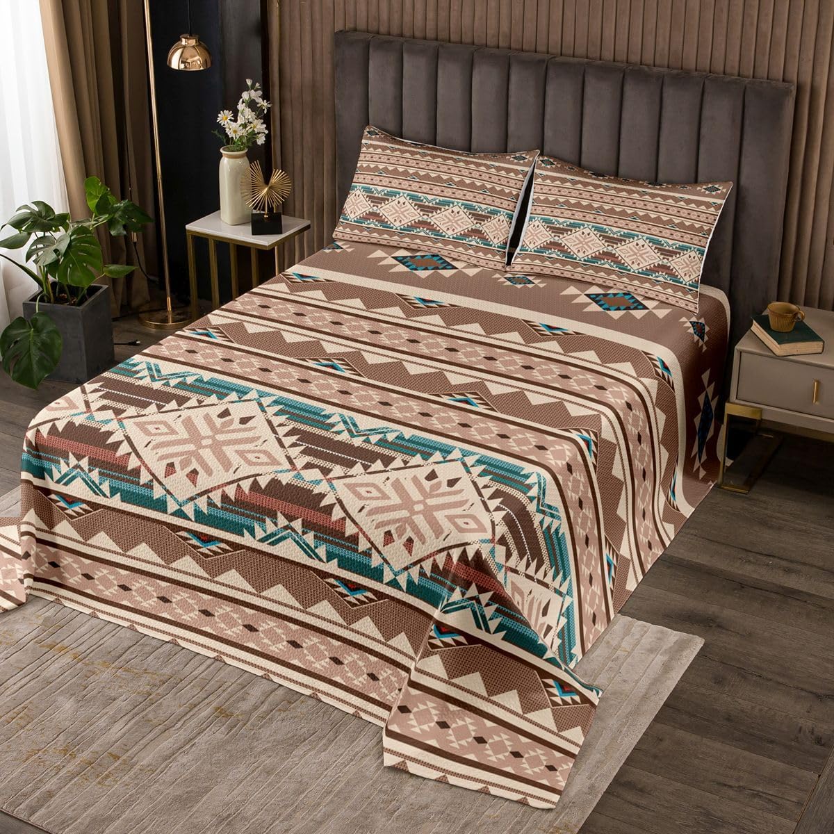 Western Quilted Queen,Aztec Coverlet Set,Exotic Nordic Style Bohemian Bedspread Indian Tribe Geometric Ethnic Tribal Arrow Quilt Set,Retro Geometric Triangle Diamond Boho Decor,Beige Brown