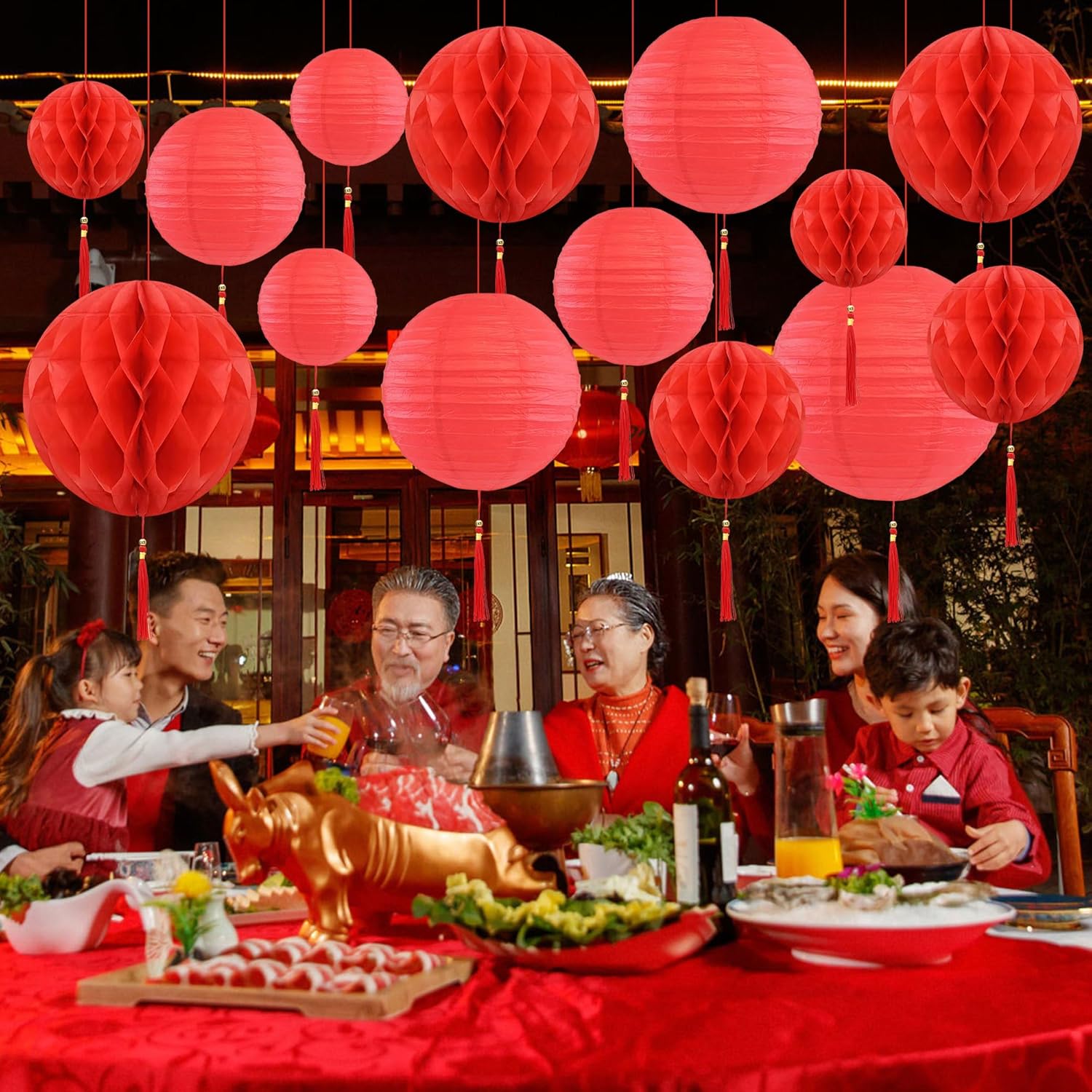 40Pcs Chinese New Year Red Paper Lanterns Honeycomb Balls Tassels Set, 2026 Year of the Horse Oriental Hanging Decor for Chinese Japanese Lunar New Year Spring Festival Home Decor Party Supplies