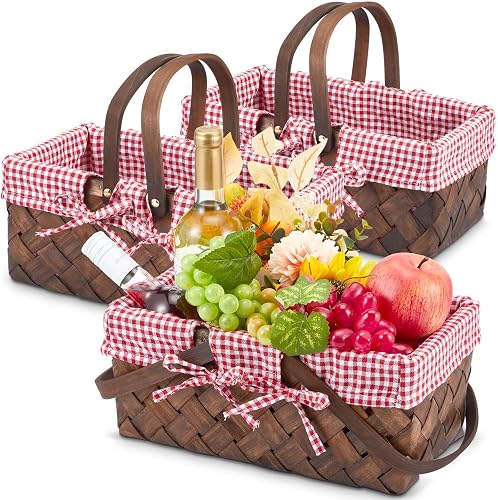 Sintuff 3 Pcs Natural Wicker Picnic Basket with Handles and Removable Liner 13x7x6.5 Inch Empty Willow Woven Picnic Hamper Candy Gift Storage Basket for Holiday Party Supplies(Coffee Color)