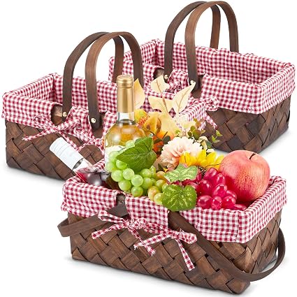 Sintuff 3 Pcs Small Woodchip Picnic Baskets with Handle Hand Woven Harvest Basket with Gingham Blanket Lining Easter Eggs and Candy Basket for Gifts Flowers Candy Storage Organizing(Coffee Color)