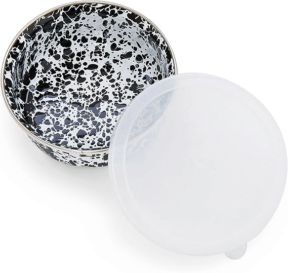 Enamelware Set of 3 Storage Bowls w/Lids Black Marble