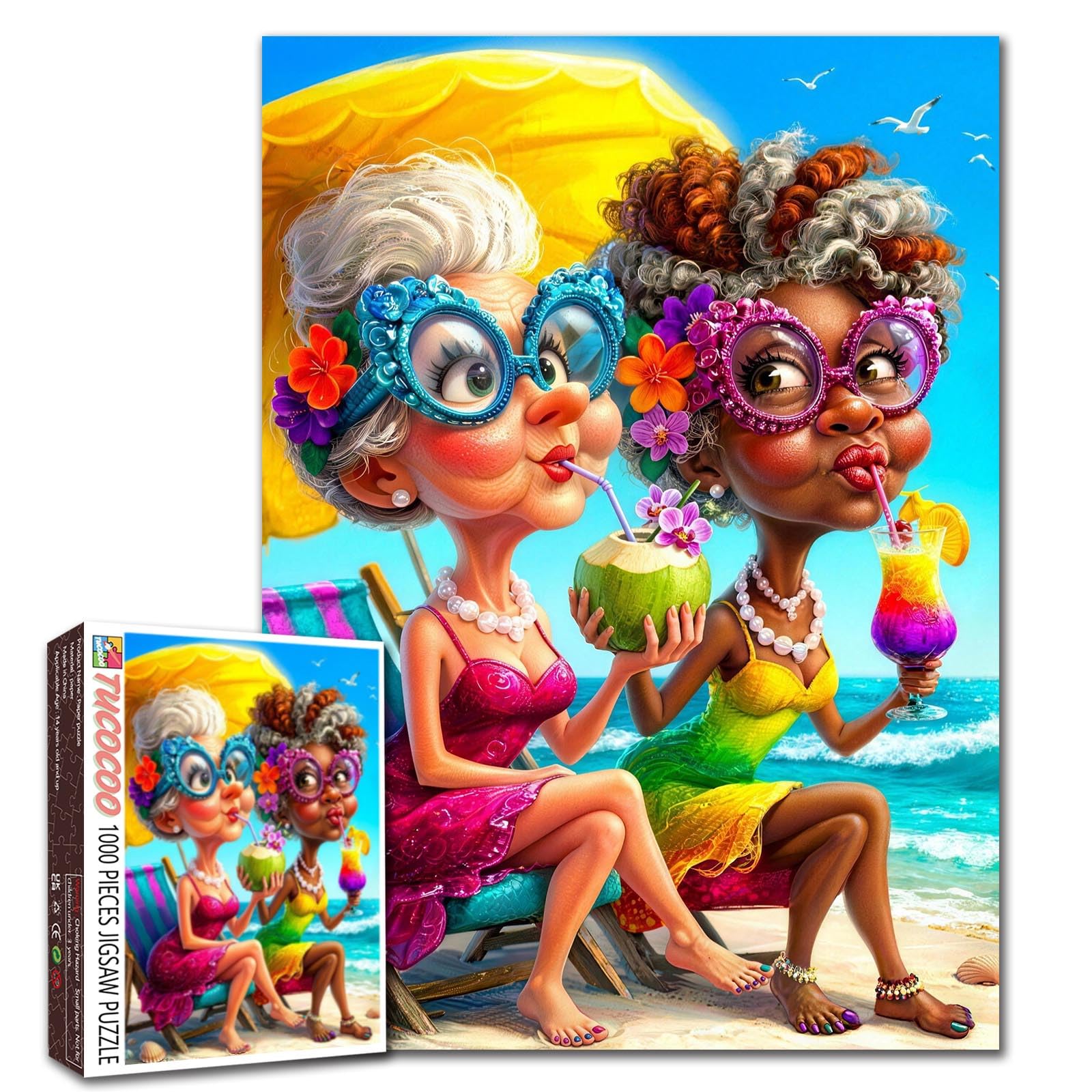 Funny Ladies 1000 Piece Puzzle for Adults Old Women Beach Vacation Jigsaw Puzzle Large 19.7 x 27.6 Inches Grandma Friends Colorful Art Puzzles Fun Challenge Family Game Gift for Seniors Home Decor — image 1