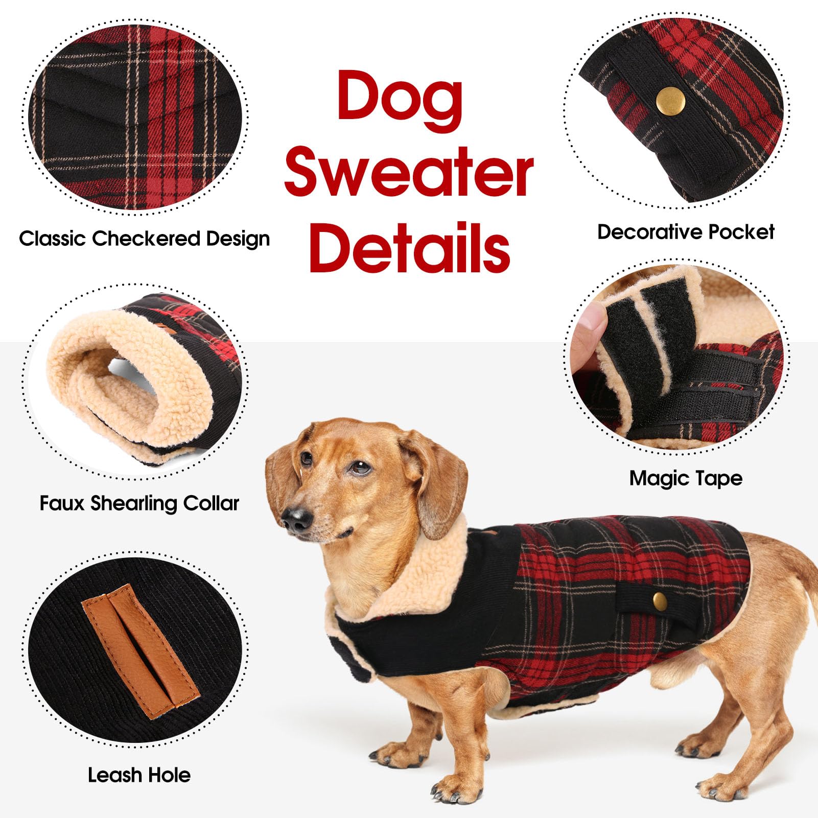 CITÉTOILE Abrigo para Perro Invierno - Chaleco Polar Grueso con Estampado Tartán, Ropa Cálida para Perros Pequeños/Medianos, Chaqueta Térmica Chihuahua o Teckel, Rojo, XS