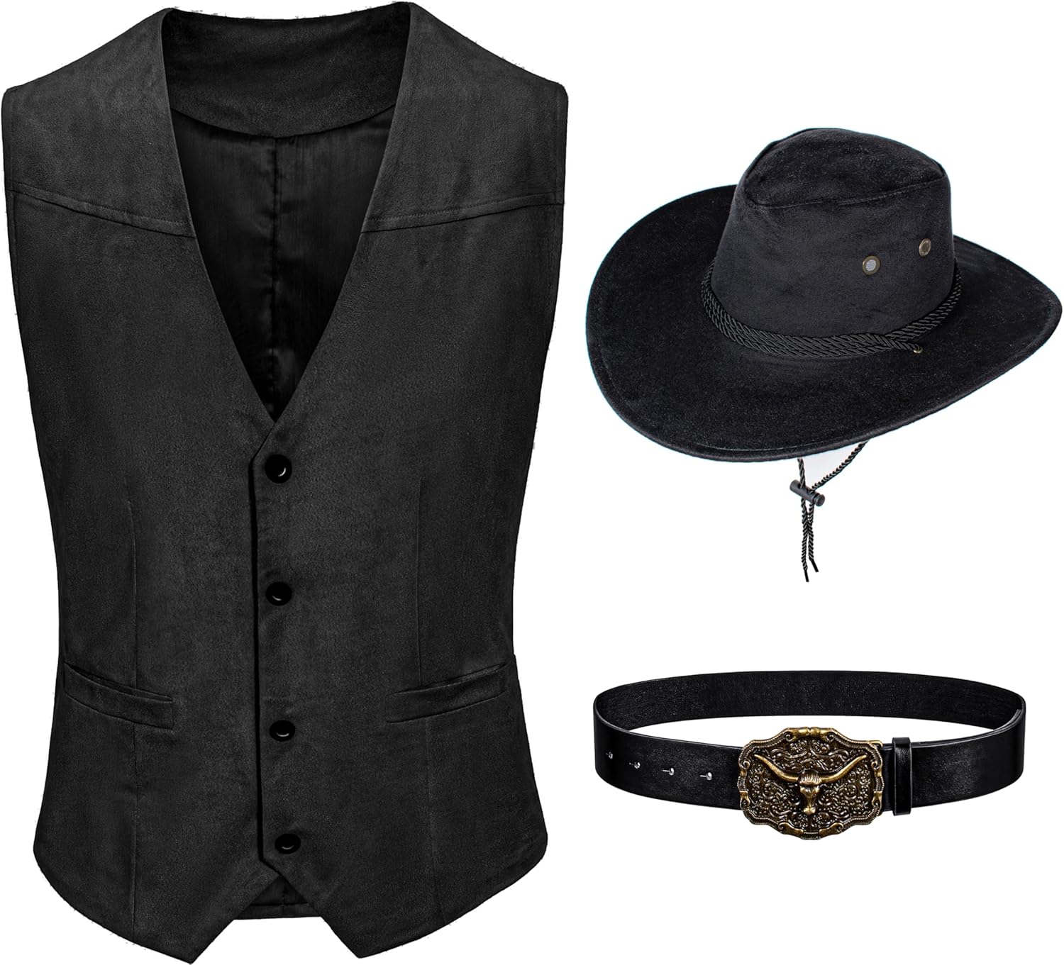 KAIPUTE Western Cowboy Costume Men's Vest Hat Belt for Adult Halloween Party Cosplay