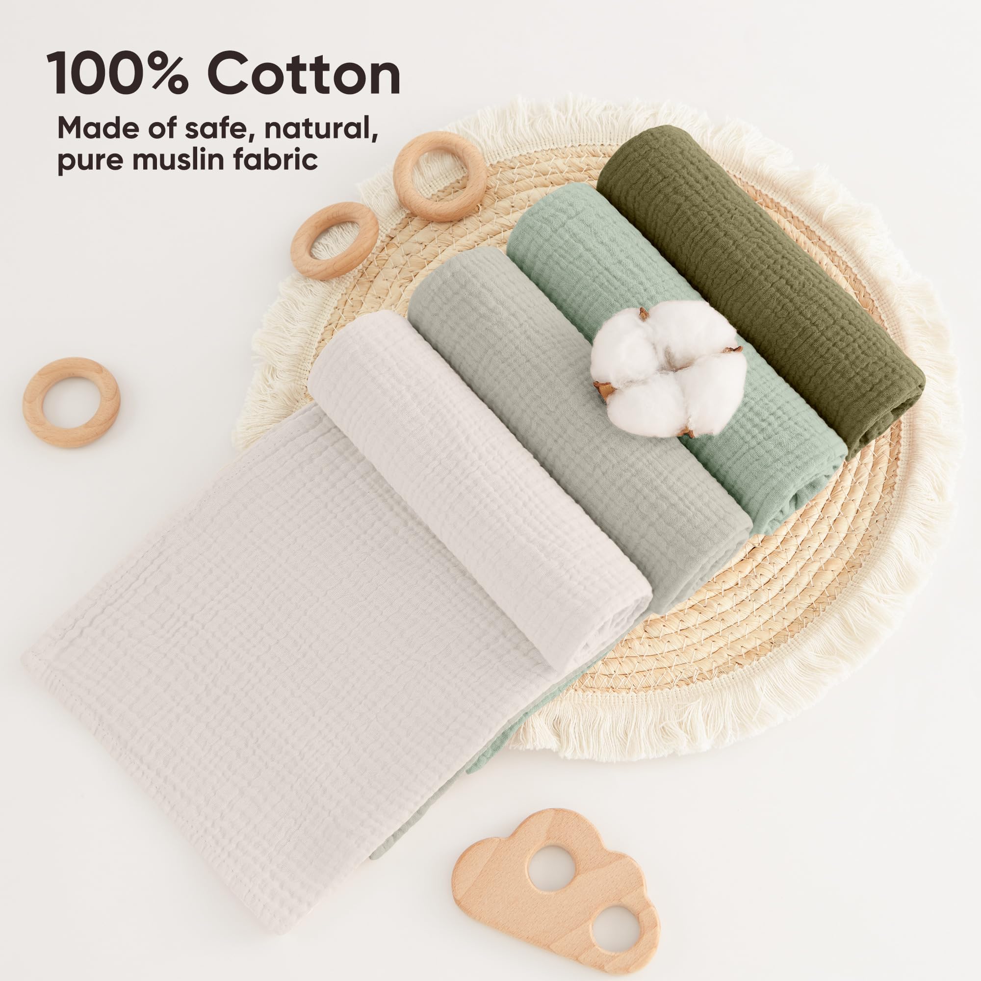 bearmoss Muslin Squares Cloths 100% Cotton Baby Burp Cloth 60x60CM Large Ultra-Absorbent Soft Baby Face Washcloths for Newborn Baby Boy and Girl 4Pack (Forest) - Image 3