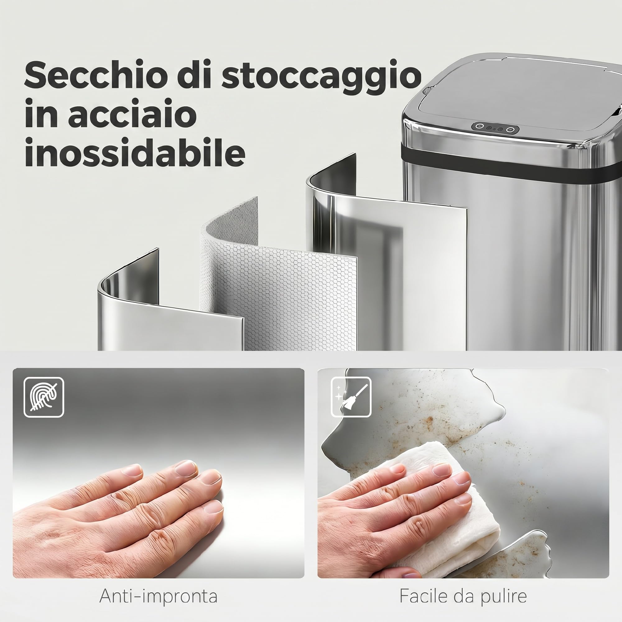 HOMCOM Cestino Spazzatura da 50L con Sensore, Pattumiera Intelligente con Apertura e Chiusura Automatica, Bidone per Rifiuti in Acciaio, 33x25x84 cm, Argento