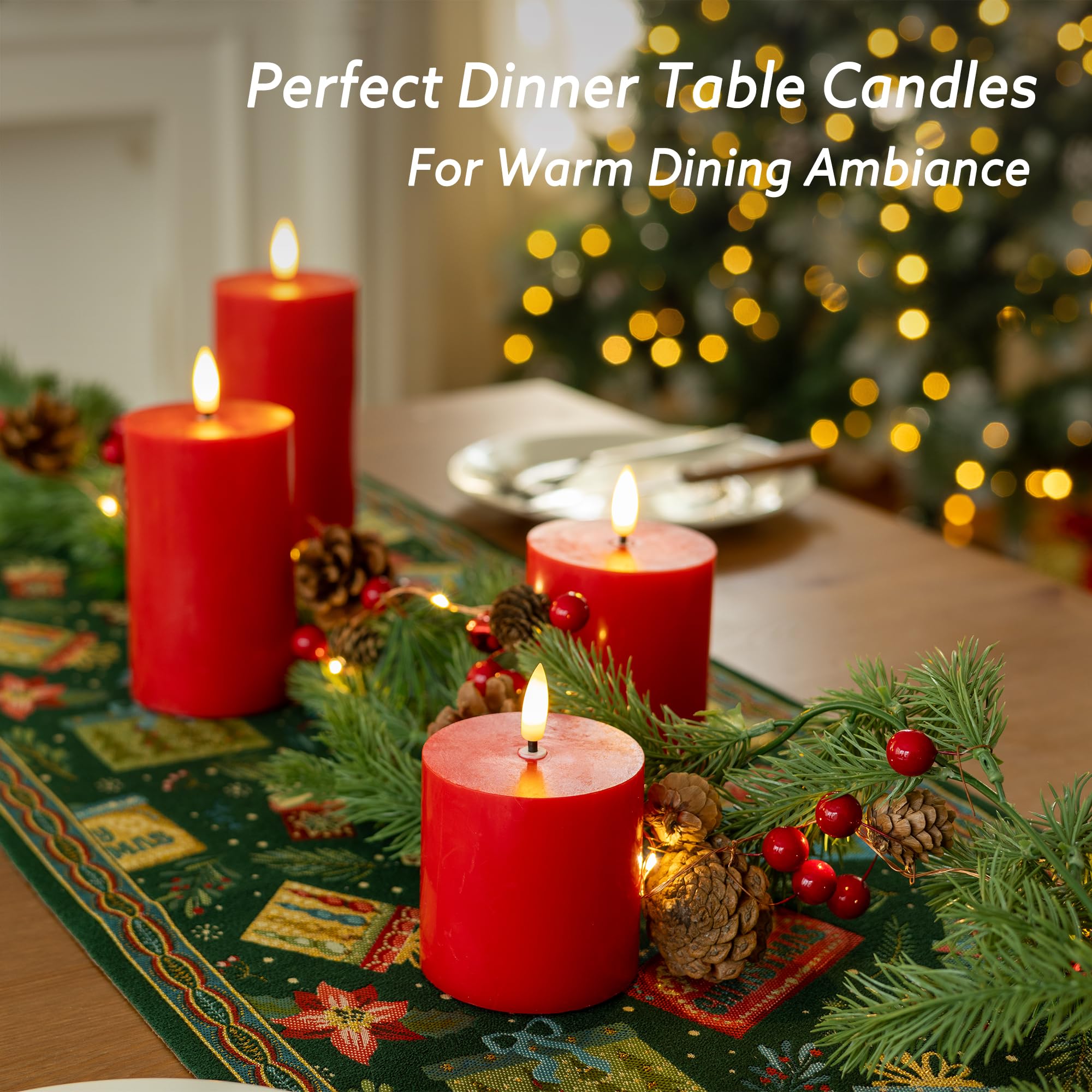 JOIONE Candele rosse senza fiamma con telecomando, set di 4 candele a LED in vera cera, funzionamento a batteria, perfette per finestre di Natale, cene romantiche e decorazioni natalizie