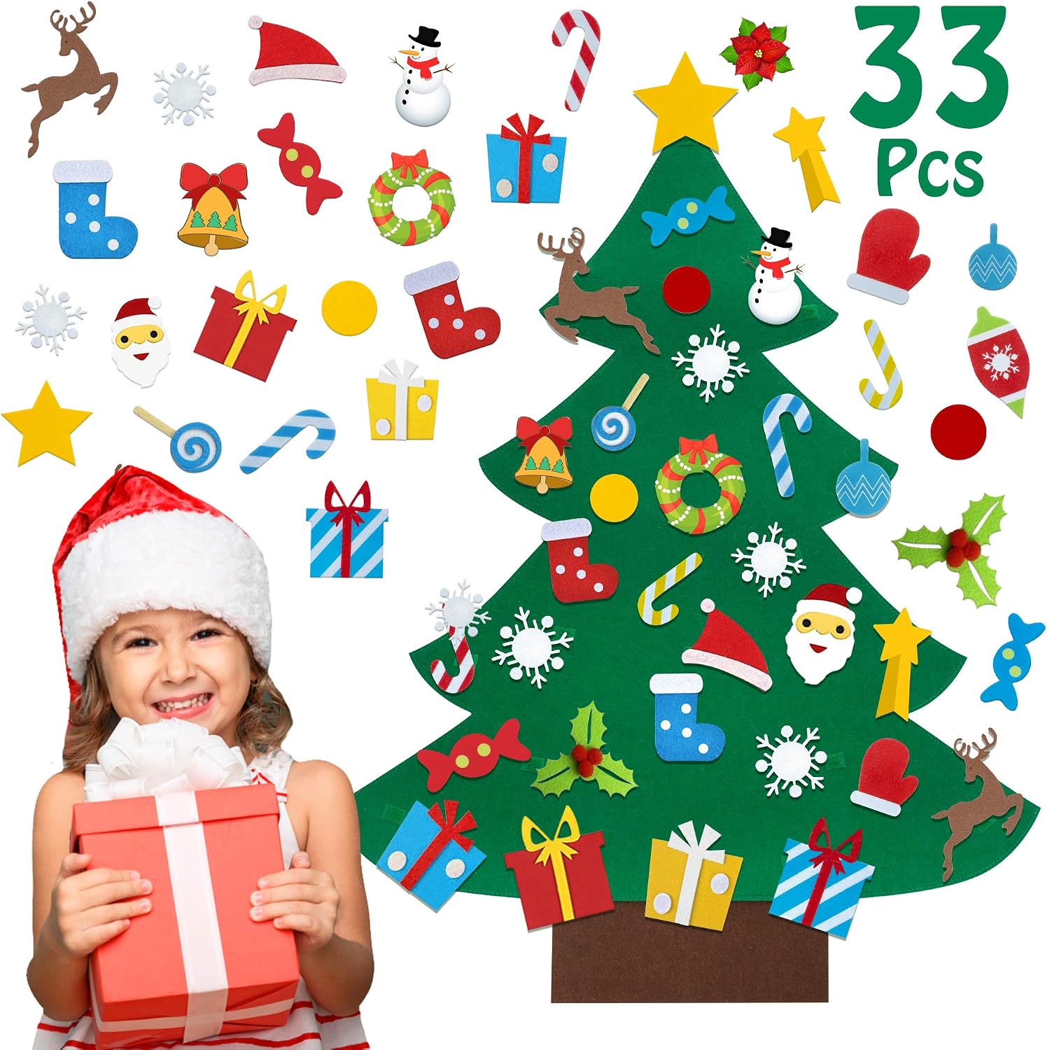 Felt Christmas Tree for Kids Wall Hanging Christmas Decorations, 3ft DIY felt Christmas Tree for Toddlers Home New Year Door Party Favor Supplies Set with 32 Pcs Ornaments Kids Christmas Gifts