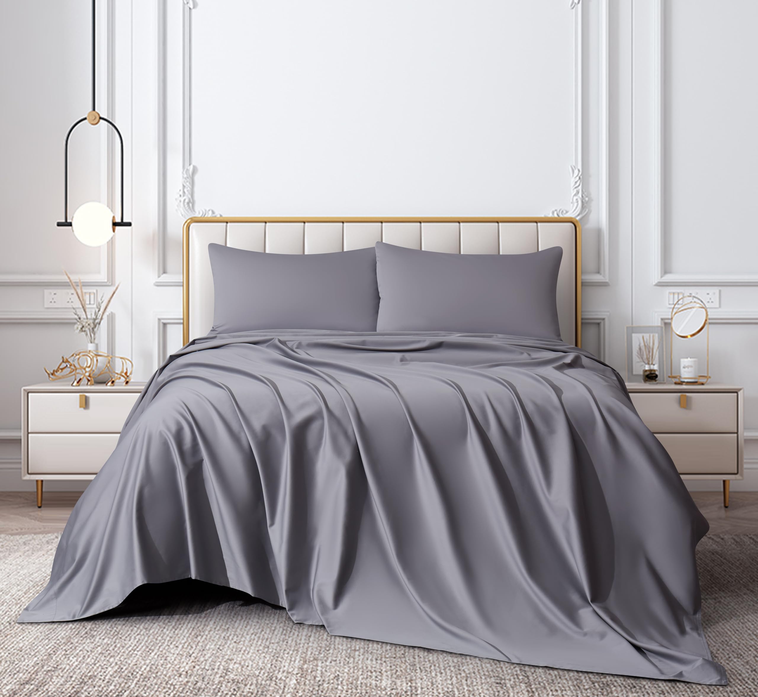 Queen Sheet Set Light Grey 100 Egyptian Cotton Satin Sheets 1000 Thread Count Luxury Light Grey Hotel Quality