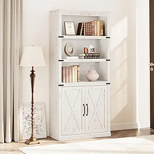 GAOMON Farmhouse Bookcases with Doors, 5 Tier Bookshelf with Storage, 70 inch Tall Bookshelf and Bookcase, Wooden Storage Cabinet for Living Room, Home, Office, Bedroom (White)