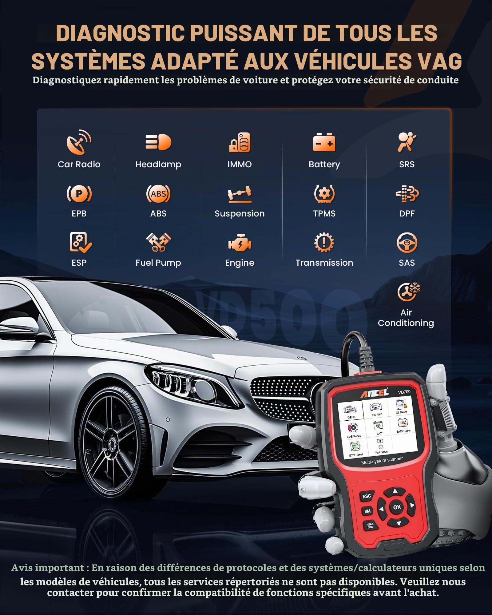 ANCEL OBD2 Valise Diagnostic Auto pour VW pour Audi pour Skoda pour Seat