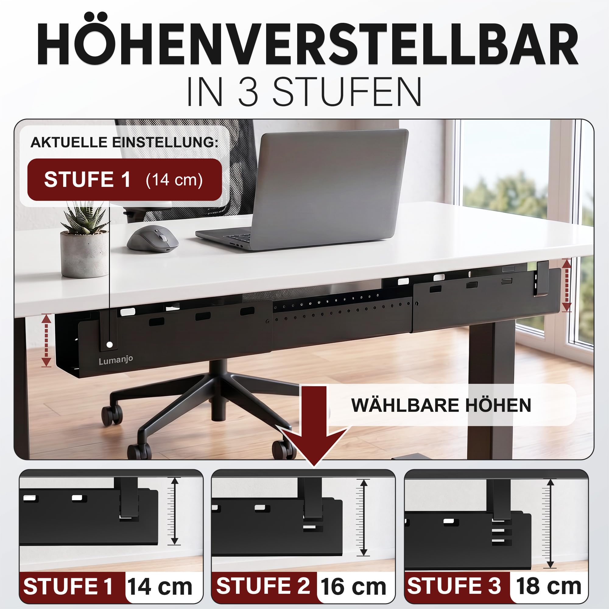 Kabelkanal Schreibtisch ausziehbar 80-112cm - Kabelwanne Schwarz | 3-fach höhenverstellbarer Kabel Organizer. Pulverbeschichteter Stahl. Komplett-Set inkl. 50+ Zubehör, bis 14kg belastbar.