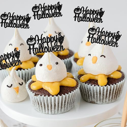 Miniatura 5 de Gyufise 24 adornos para cupcakes de Halloween con calabaza, fantasma, purpurina negra, decoraciones para cupcakes para niños, decoración de fiesta