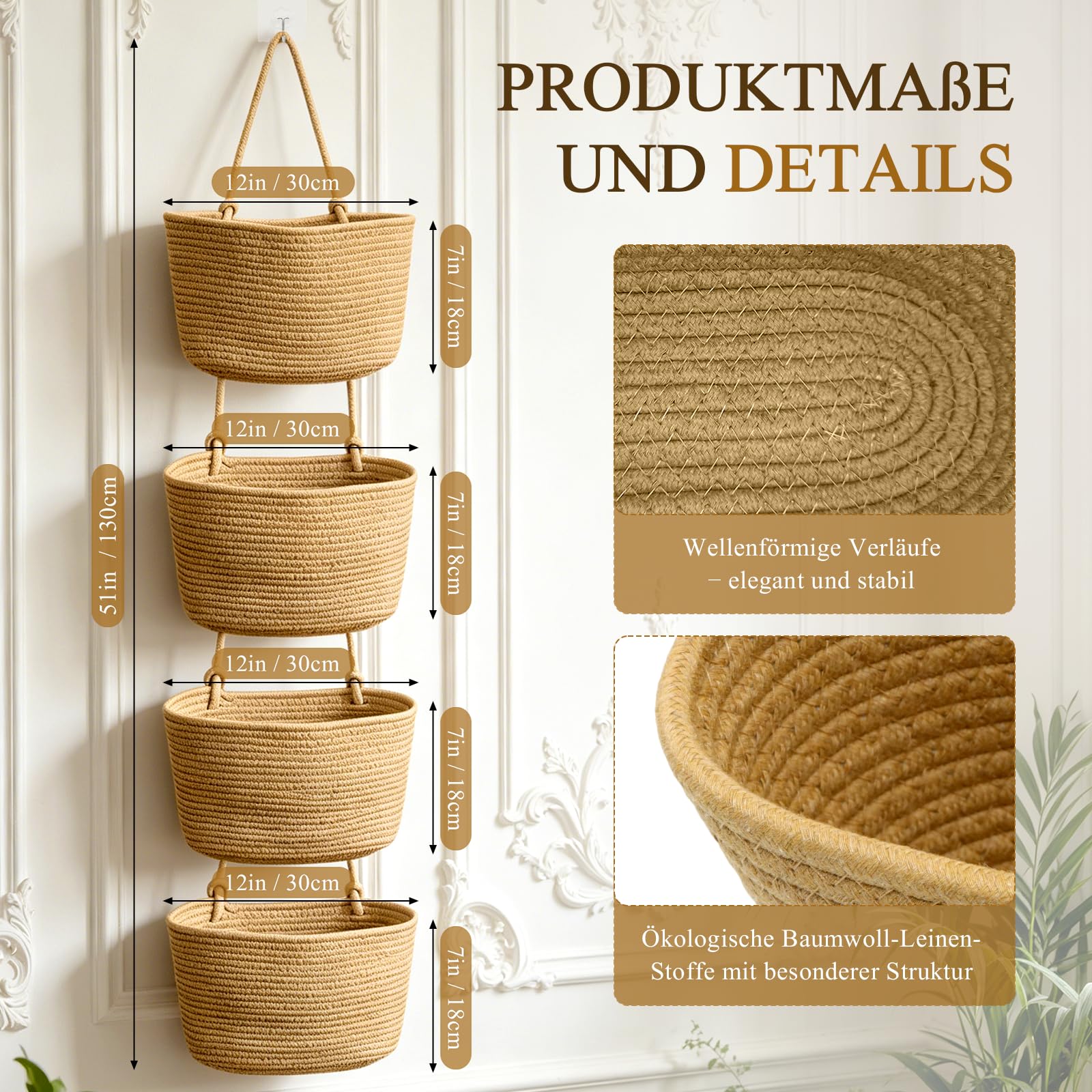 Tür Organizer hängend 4-stöckig, Khaki | Hängekorb aus Baumwollseil, Mit 4 Haken ohne Bohren, 2 verstellbare Cliphaken, Für Küche, Bad, Schlafzimmer