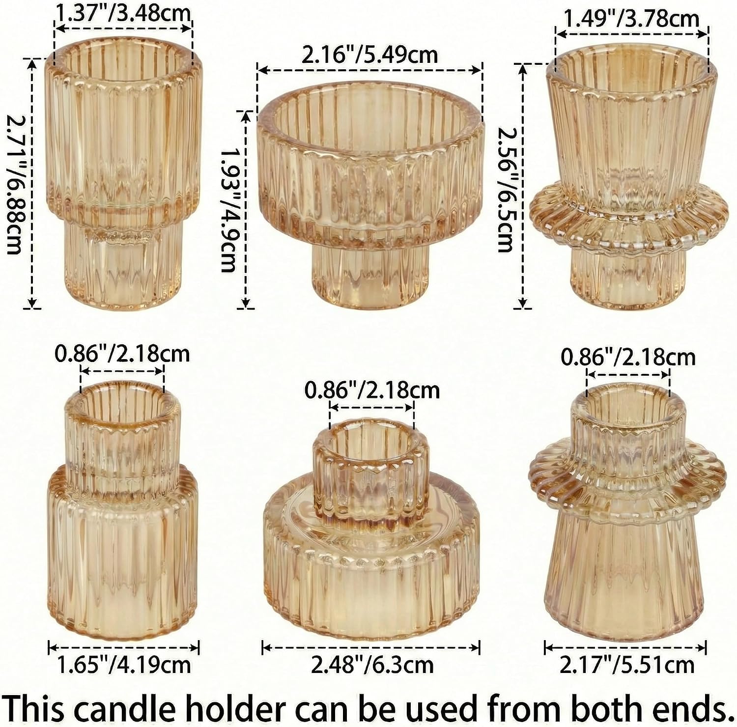 Vintage Amber Glass Candle Holders Set of 6-3 Unique Styles with Matched Pairs, Tealight Holders, Centerpieces for Wedding, Farmhouse, Dining Table Decor