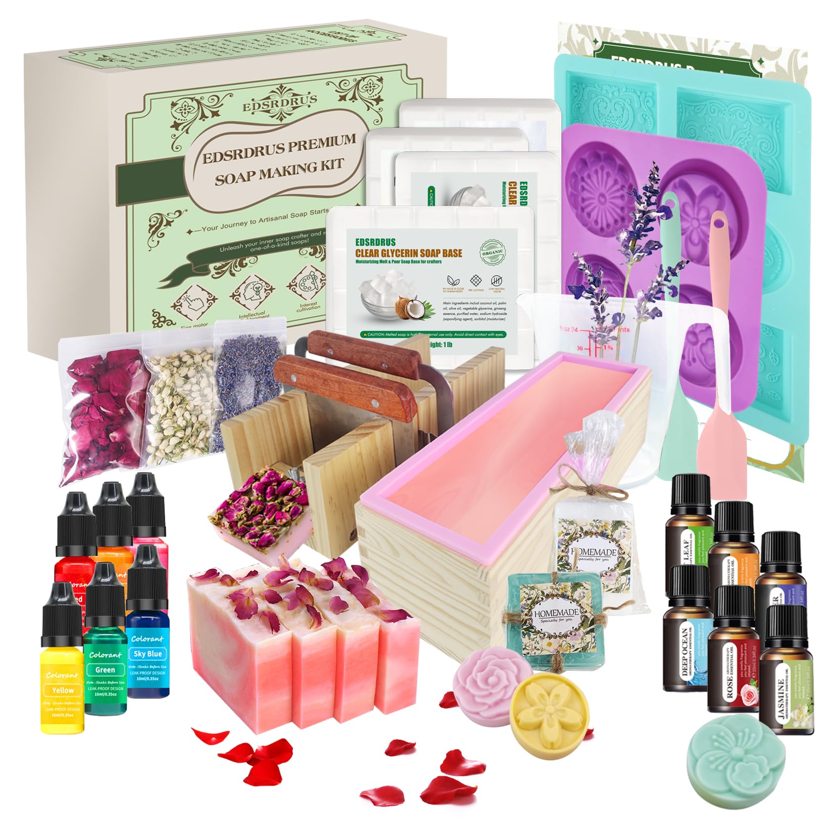 EDSRDRUS Soap Making Kit Series - Soap Making Supplies with Glycerin Soap Base, Silicone Molds, Fragrance Oils, Pigments & More (Green Advanced Soap Making Kit)