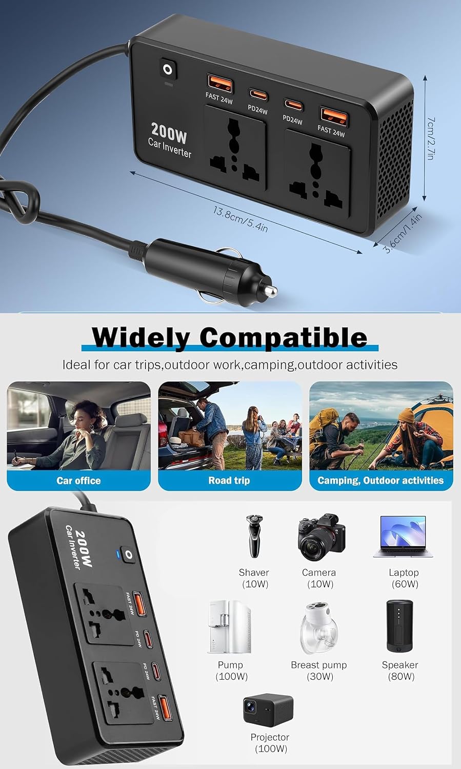 200W Car Power Inverter 12V to 240V with USB C PD Fast Charging, DC to AC Charger Converter Voltage Transformer Cigarette Lighter Adapter Outlet and Universal UK 3 Pin Mains Socket for Phones Laptop image 2