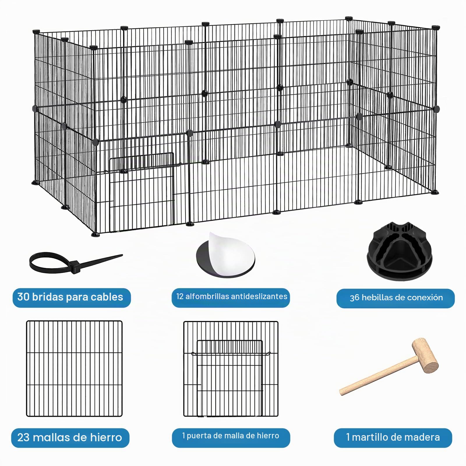 FIVMEN Parque para Animales Pequeños 142 x 72 x 72 cm Valla para Mascotas 24 Paneles Recinto Exterior de Metálica con Puertas Recinto de Carrera Libre para Conejos Hámsters (Negro)