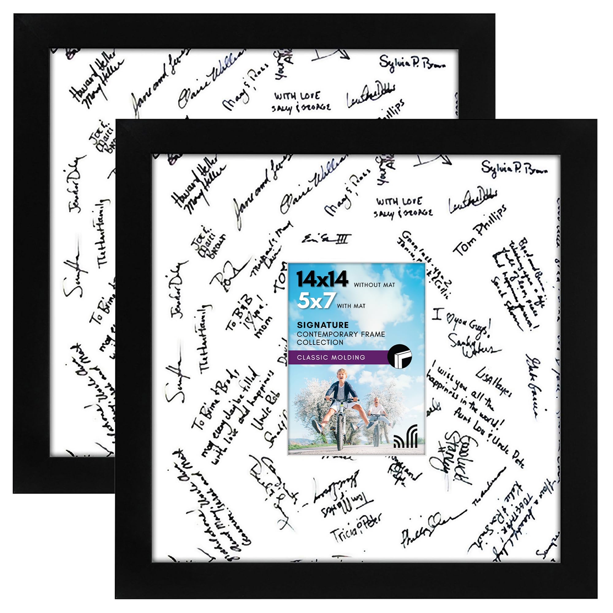 Americanflat 14x14 Wedding Signature Frame - Set of 2 - Use as 5x7 Frame with Mat or Display 14x14 Photos Without Mat - Signature Collection - Autograph Frames with Shatter-Resistant Glass - Black