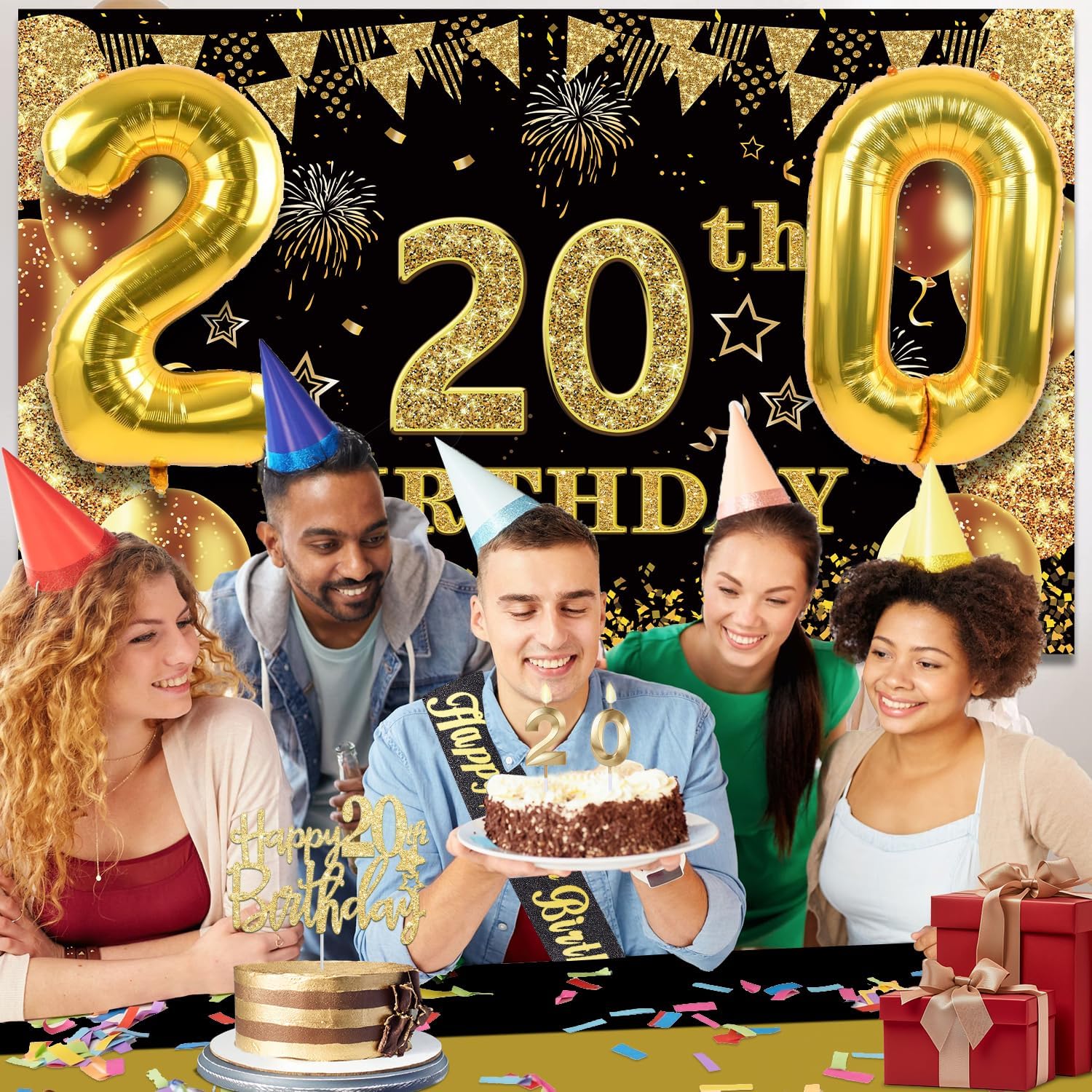 20th Birthday Decorations for Him Her with Banner, Black and Gold Table Cloth, Number Balloons, Large 20th Birthday Sash, Cake Topper and Candles