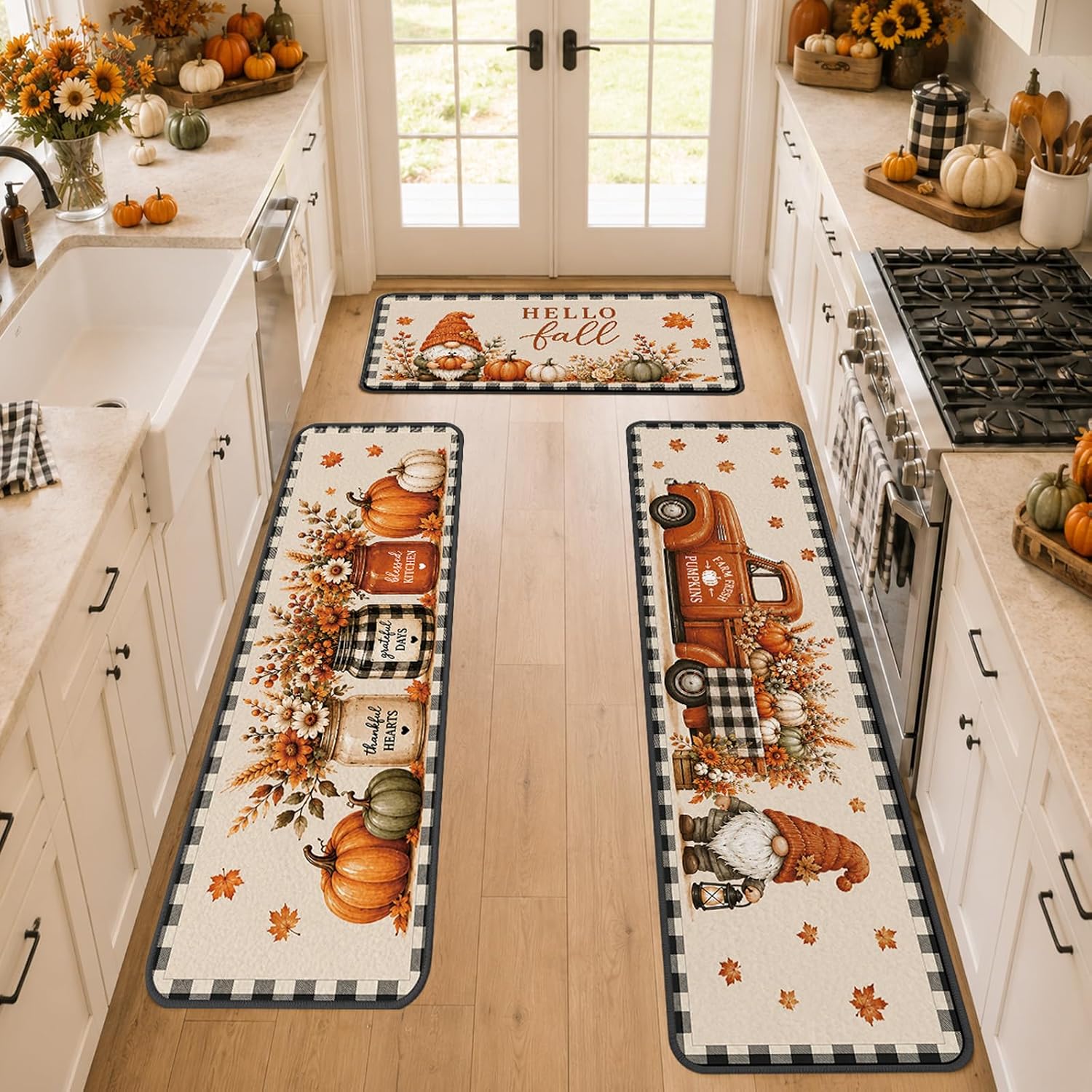Fall Kitchen Rugs Set of 3 - Gnome Kitchen Mats for Floor, Kitchen Runner Rug with Buffalo Plaid Truck, Thanksgiving Farmhouse Decor Rugs for Sink, Laundry Room, Entryway, Hallway