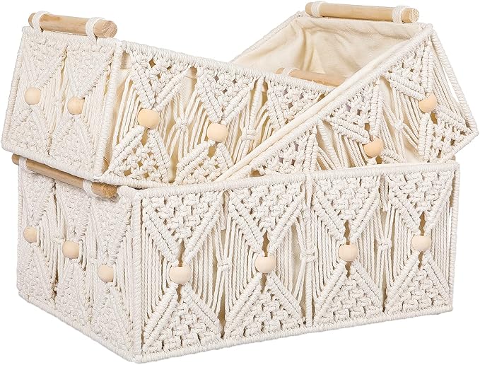 Boho Storage Baskets for Organizing 3 PCS Macrame Woven Decorative Box with Natural Wooden Handles 