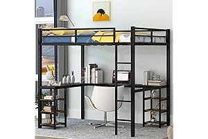 Heavy Duty Full Size Loft Bed with L-Shaped Desk and Storage Shelves for Kids, Teens