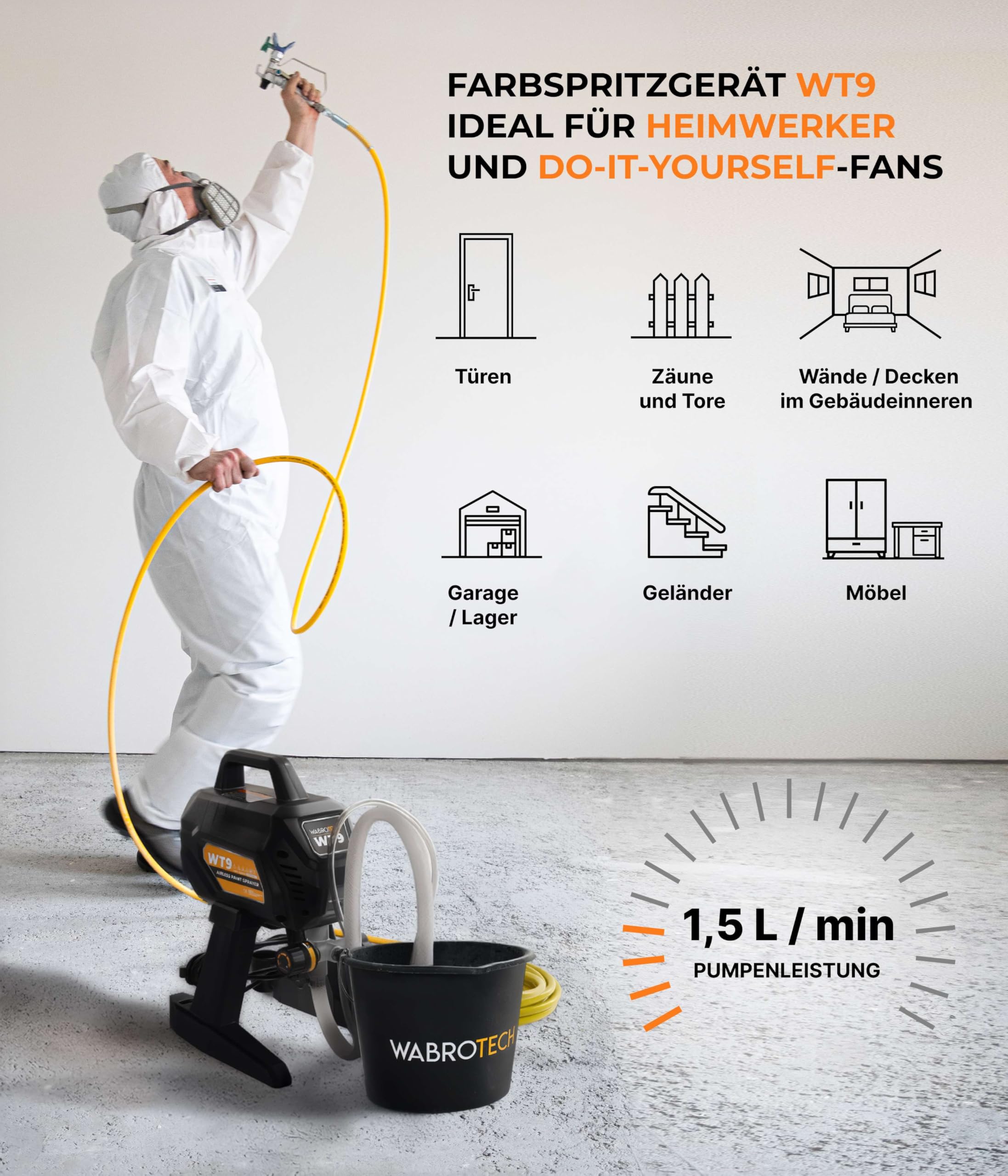 WT9 Farbsprühsystem Wandfarbe 700 W - 200 Bar Hochdruck Airless Farbsprühgerät - Airless Spritzgerät 1,5 L/min - Farbspritzgerät 10000 m2/J - Lackierpistole mit Schlauch 7,5 m - 1/4"