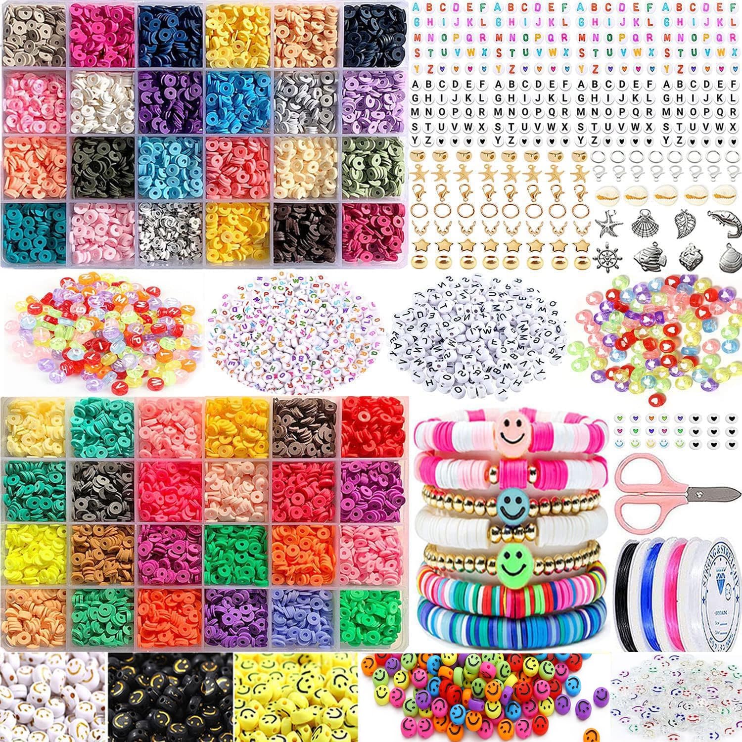 9600+pcs 48 Color Clay Beads for Bracelet Making Kits Flat Round Polymer Clay Spacer Beads Heishi Beads for Bracelets Necklace Earring Craft Decoration with Pendant Jump Rings Elastic Cord(6mm)