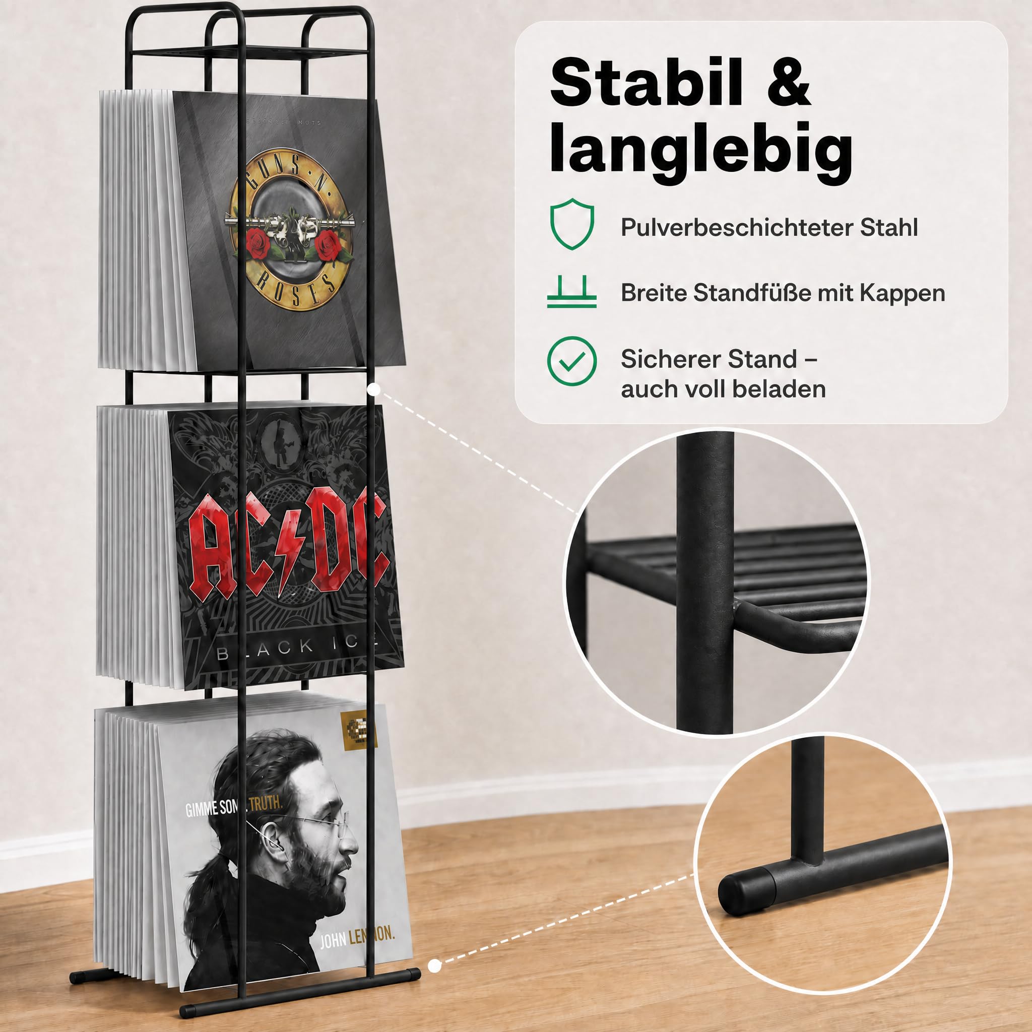 Zomo VS-Rack Vinya 150 Schallplattenständer – 300 x 190 x 1155 mm - Schwarz - 3 Ebenen Vinylregal aus Stahl – Design LP Standregal für bis zu 150 Schallplatten