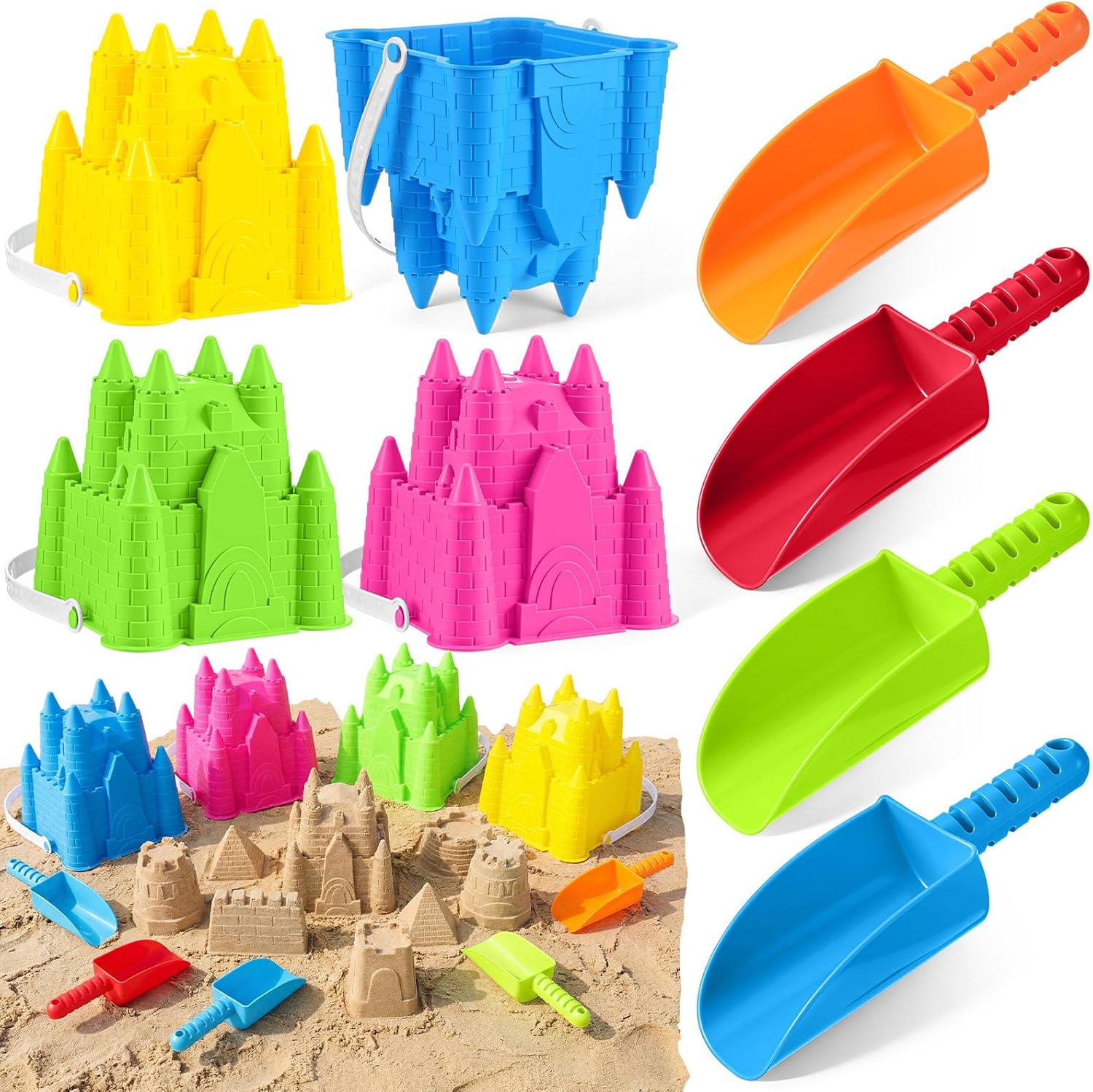 Realspring 4 Pcs Sand Castle Building Kit, 4 Sandbox Castle Molds Beach Buckets and 4 Sand Shovels Tools for Kids Summer Gift Beach Toys Toddlers Sandcastle Building Kit