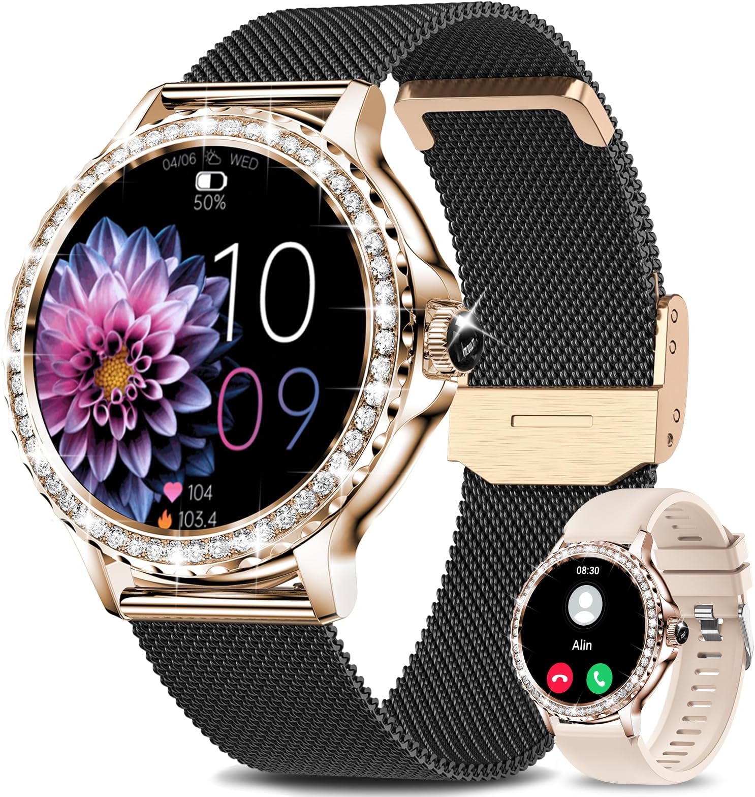 Smart Watches for Women (Answer/Make Calls), 1.3” Fitness Tracker Watch with Heart Rate/Blood Pressure/SpO2/Sleep Monitor, IP68 Waterproof Smart Watch for Android Phones and iPhone - Rose Gold Black