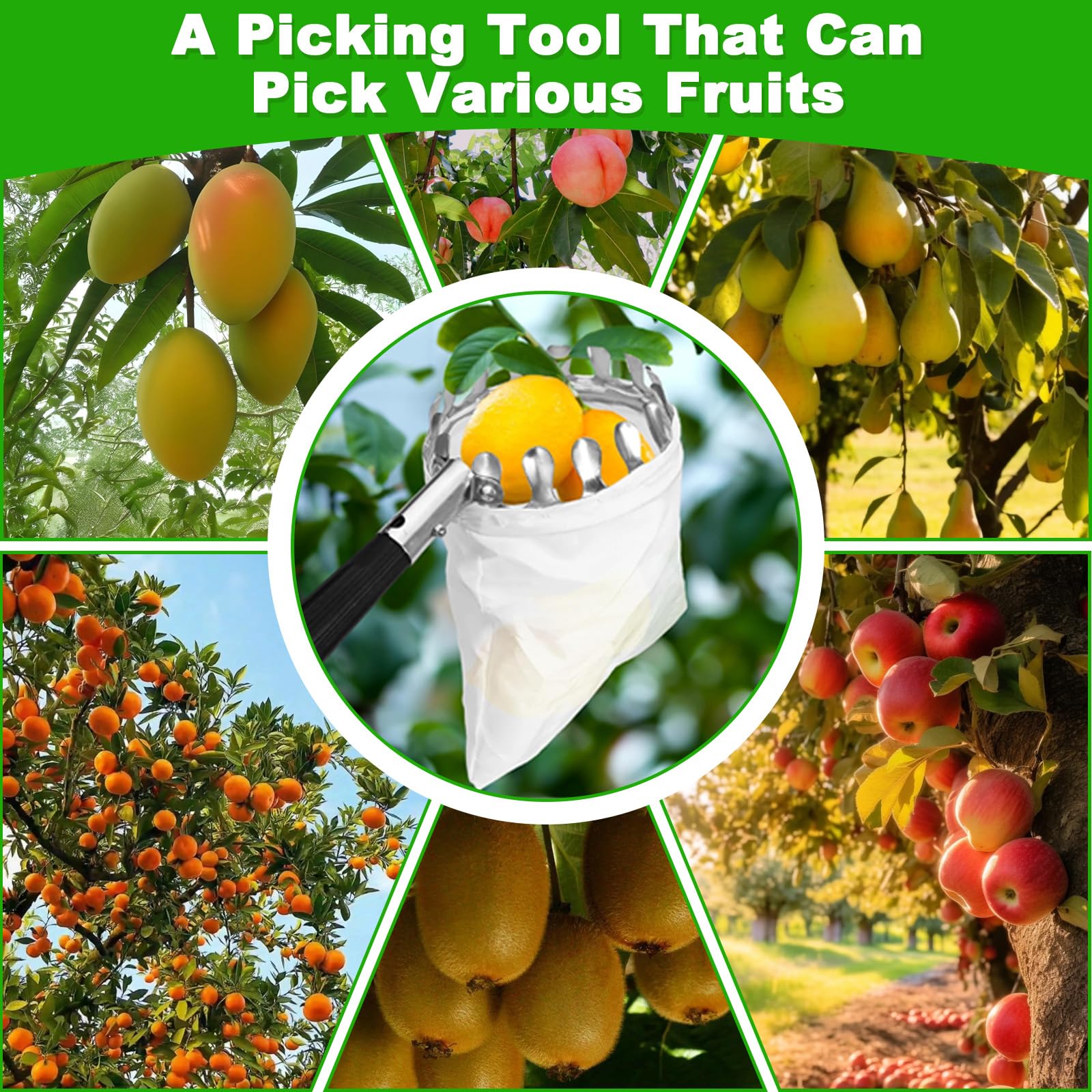 Recoge Frutas Telescópico 2,8 m con Varillas Extensión y Bolsa de Tela, Recogedor de Frutas Acero Inoxidable Ligero, Herramientas Recolectoras Manzanas Ajustable para Naranjas, Cítricos, Cereza, Mango