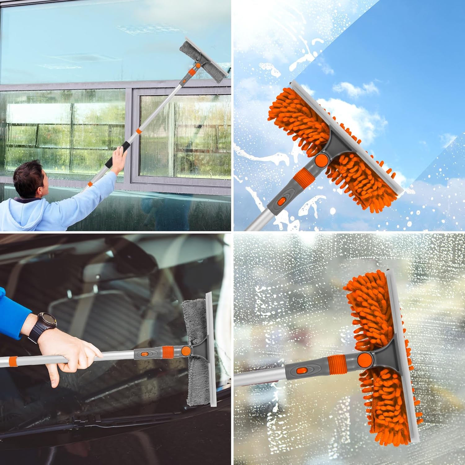 2 in 1 Window Cleaner Tool with Extendable Pole Versatile Water Absorbing Window Squeegee Kit for Car Indoor Outdoor Use.(Orange)