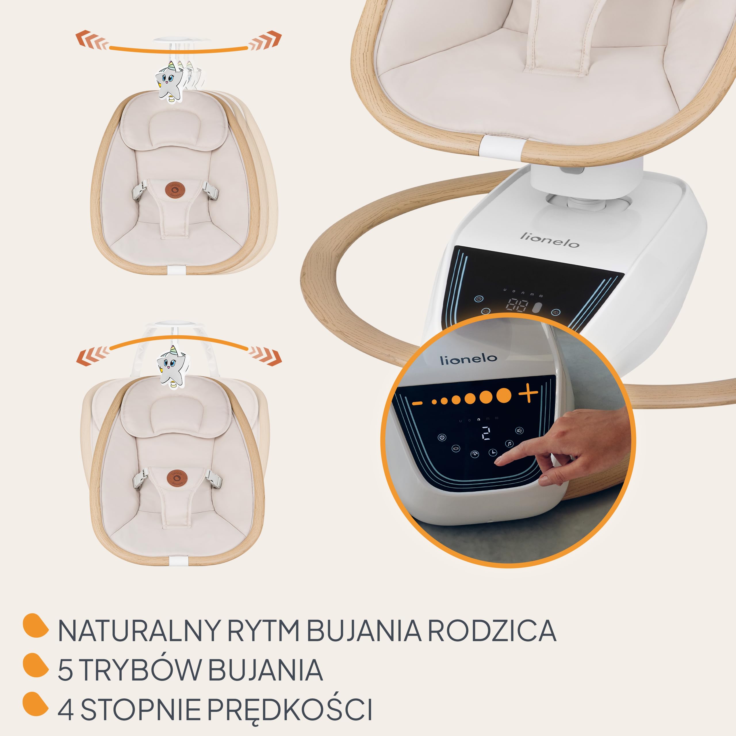 LIONELO OLIVIA Elektryczny Bujaczek Niemowlęcy do 9 kg Leżaczek dla Dzieci Regulacja Pochylenia, Naturalne Kołysanie, 4 Prędkości, Ergonomiczne Siedzisko, 13 Melodii, 2 Zabawki, Pilot