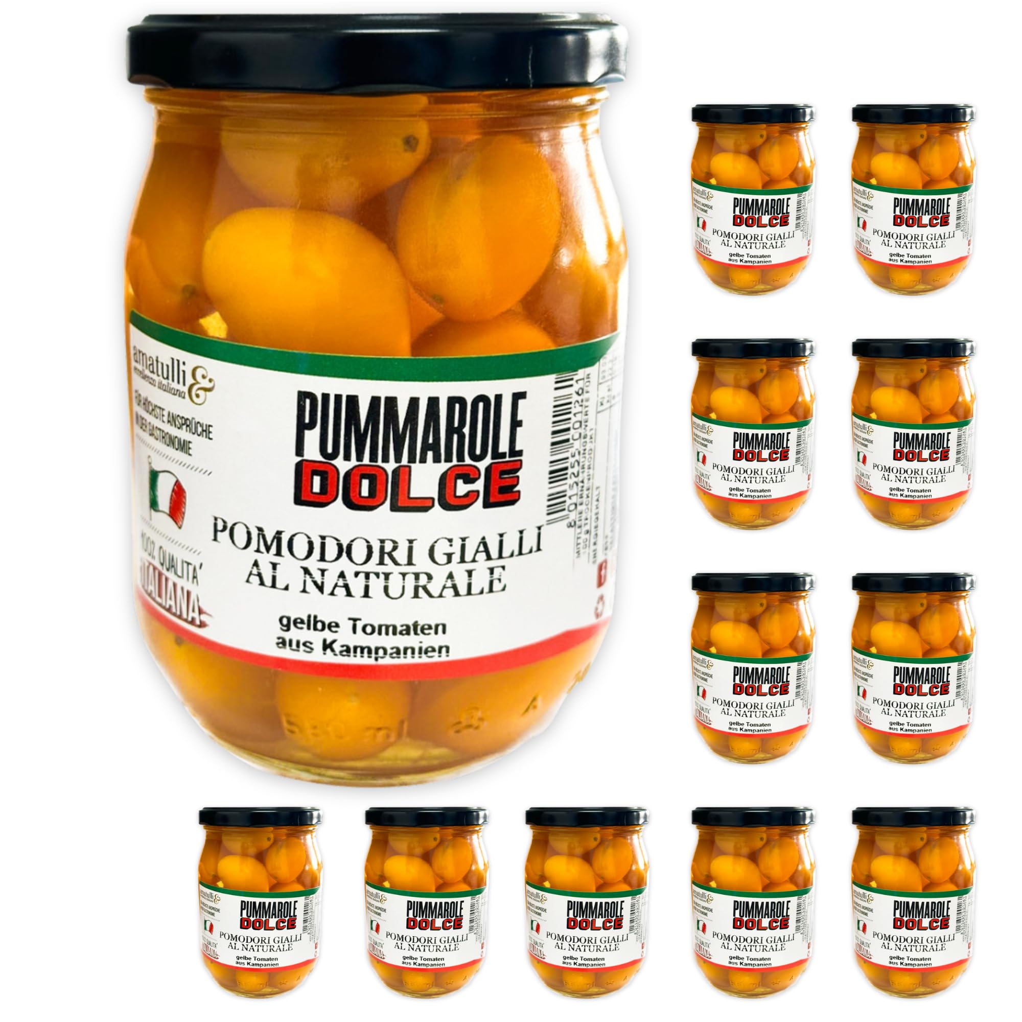 Pummarole Dolce - Italienische Pomodori Gialli Piennolo Tomaten im Glas - Sonnengereifte gelbe Premiumtomaten - vom Vesuv Vulkan in Kampanien, Italien - für Saucen, Fisch & Salate (12 Gläser)