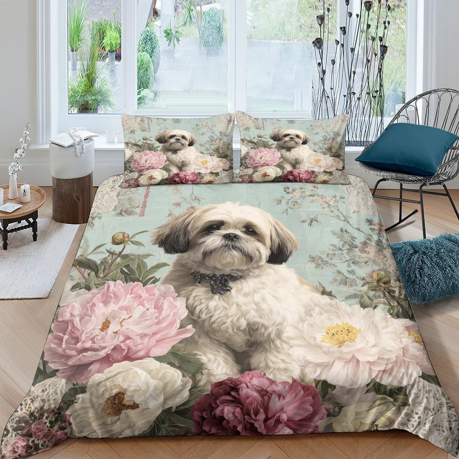 Ctjqhvkz Style-10 3D Printed Shih Tzu Floral Fitted Sheet Microfiber Soft Pet Art Bed Cover For Bedroom Guest Room Decor Single（135X200cm）