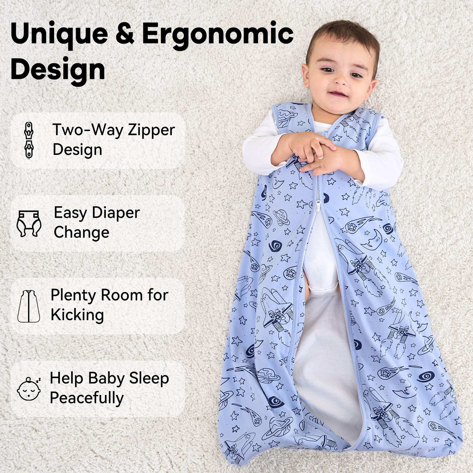 Unnivoll Gigoteuse pour bébé 1,0 tog 18-36 mois 100 % coton sac de couchage couverture portable avec fermeture éclair à 2 voies pour nouveau-né bébé tout-petit lune bleue