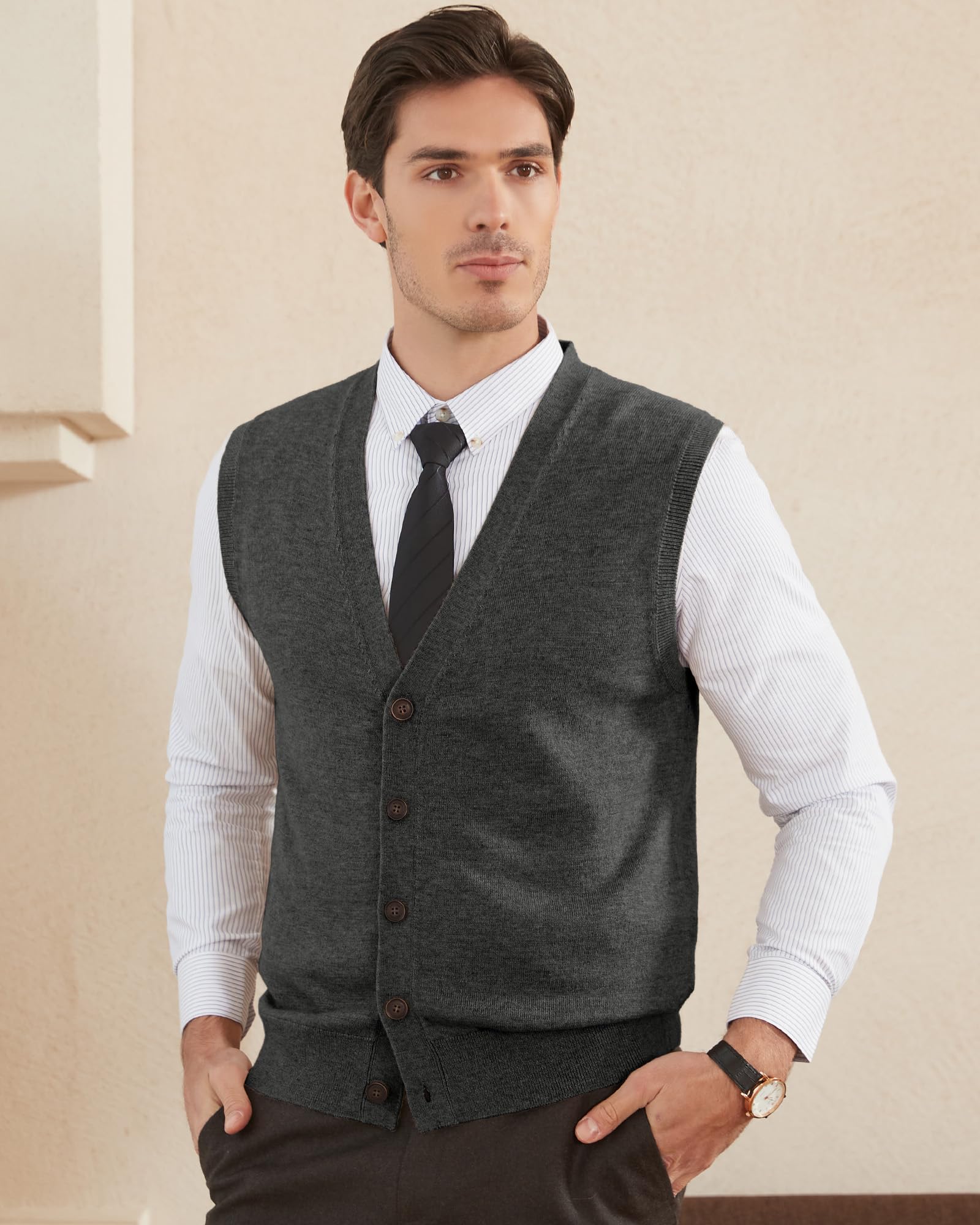 Kallspin Chalecos de Mezcla de Lana para Hombre Cuello en V Chaleco de Punto Cárdigan sin Mangas con Botones