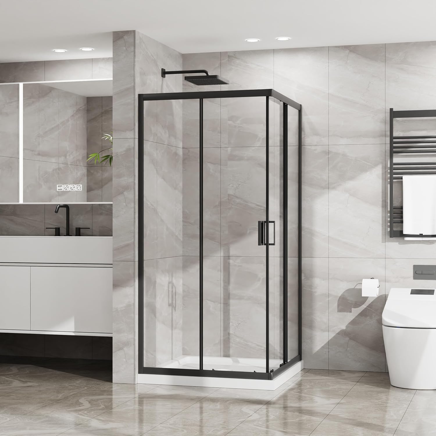 Corner Shower Enclosure 36 in.D x 36 in. W x 72 in. H, Sliding Shower Door with White Shower Base, 1/4 in Clear Tempered Glass Shower Stall, Matte Black