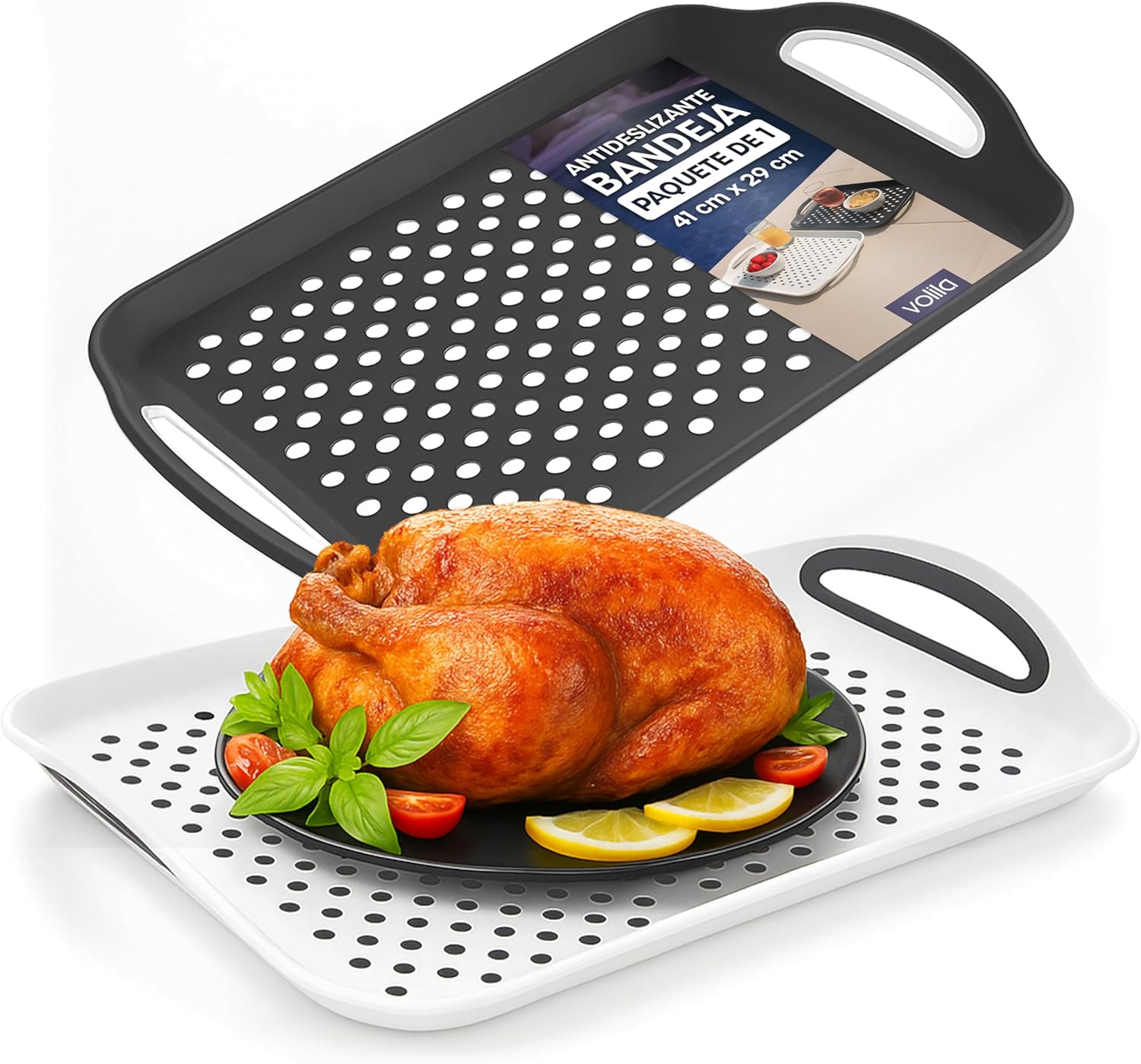 Food Trays for Eating on Couch - 2 Pack - Non Slip Dinner Trays for Eating Set of 2 Non Slip Serving Tray and Food Tray with Handles (Black & White) Black and White - 2 Pack