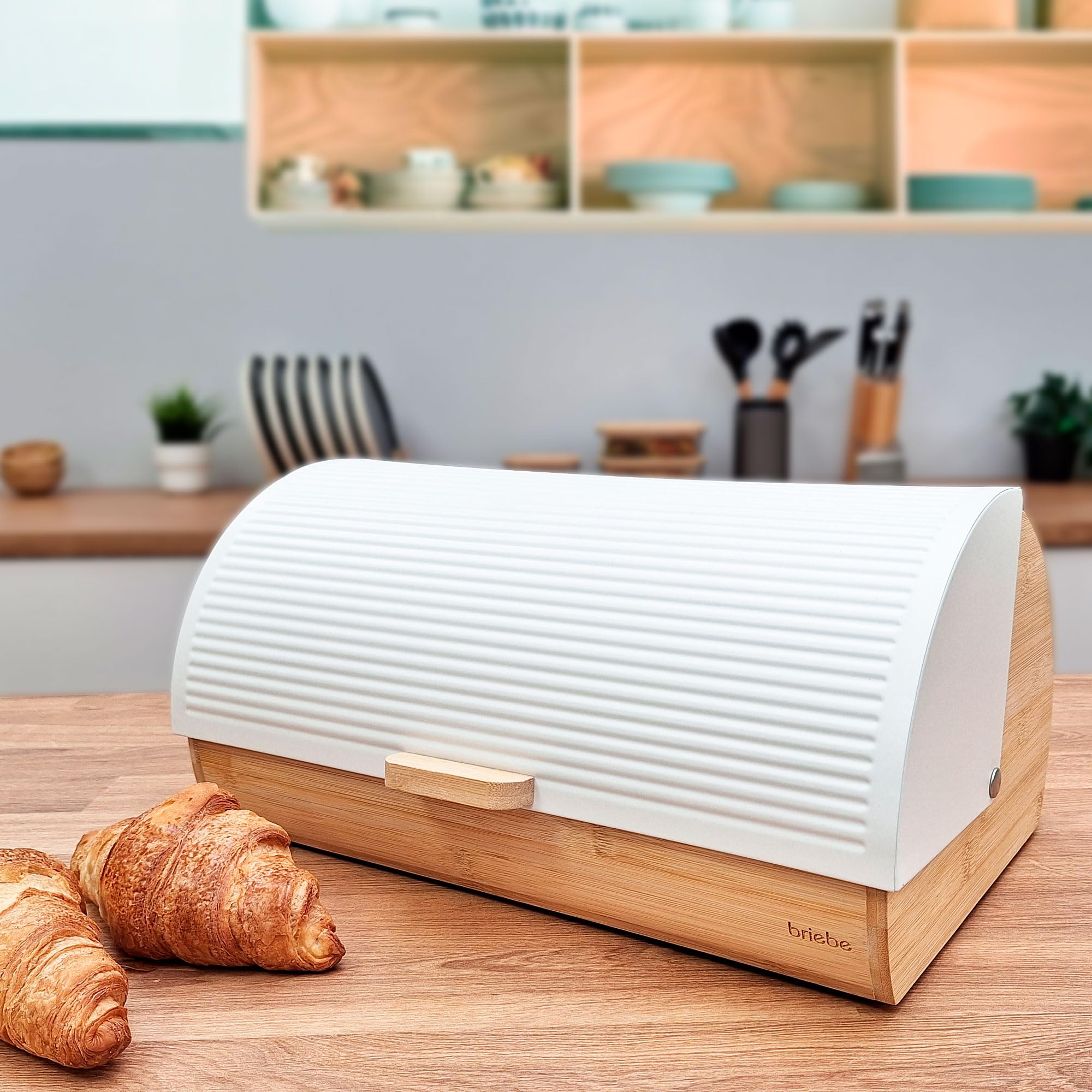 briebe Nordic Panera para Guardar Pan de Mesa Madera Bambú, Tapa Deslizante, Bread Box para Almacenamiento Pan y Bollería, Diseño Nórdico Moderno, Blanco